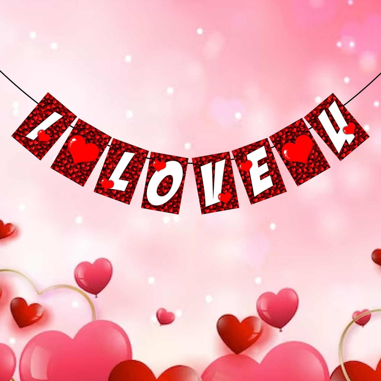 Balloonistics I Love U Banner - Red Glitter Heart Cardstock Bunting - Romantic Anniversary, Proposal & Valentine’s Day Decorations, "I Love You" Love-Themed Backdrop