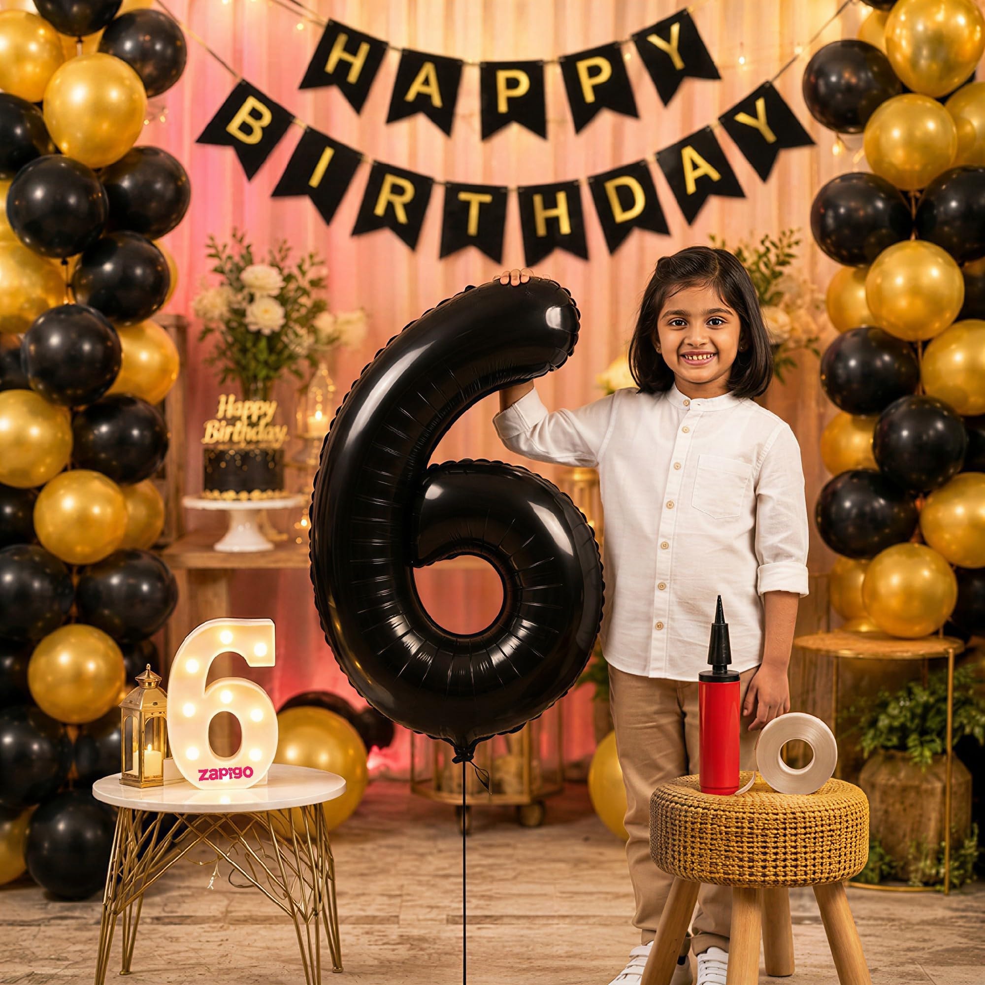 Balloonistics 6th Birthday Decoration Combo Kit - 40 Inch Black Foil Number Balloon, LED Marquee Light, 50 Black & Gold Balloons, Happy Birthday Banner, Balloon Pump & Glue Dots