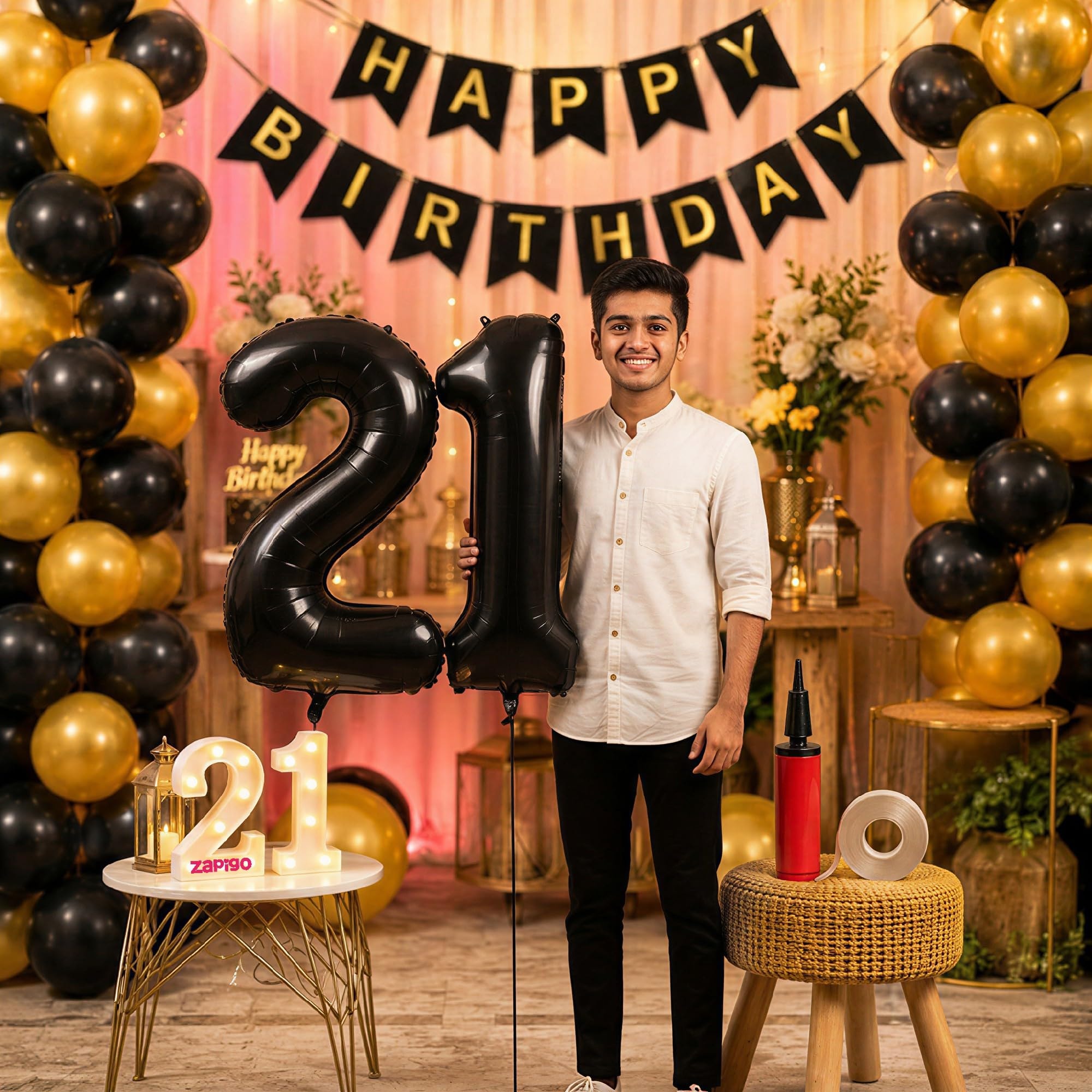Balloonistics 21st Birthday Decoration Combo Kit - 40 Inch Black Foil Number Balloon, LED Marquee Light, 50 Black & Gold Balloons, Happy Birthday Banner, Balloon Pump & Glue Dots