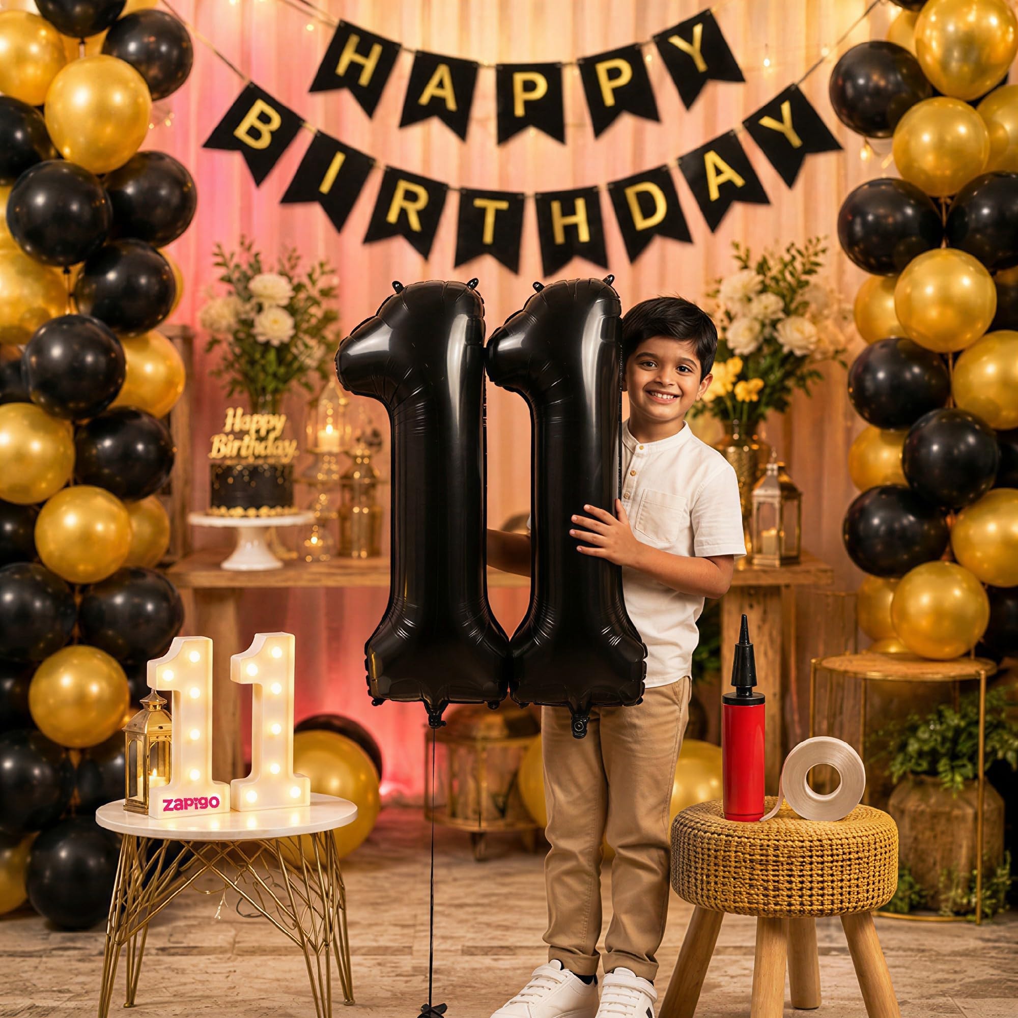 Balloonistics 11th Birthday Decoration Combo Kit - 40 Inch Black Foil Number Balloon, LED Marquee Light, 50 Black & Gold Balloons, Happy Birthday Banner, Balloon Pump & Glue Dots
