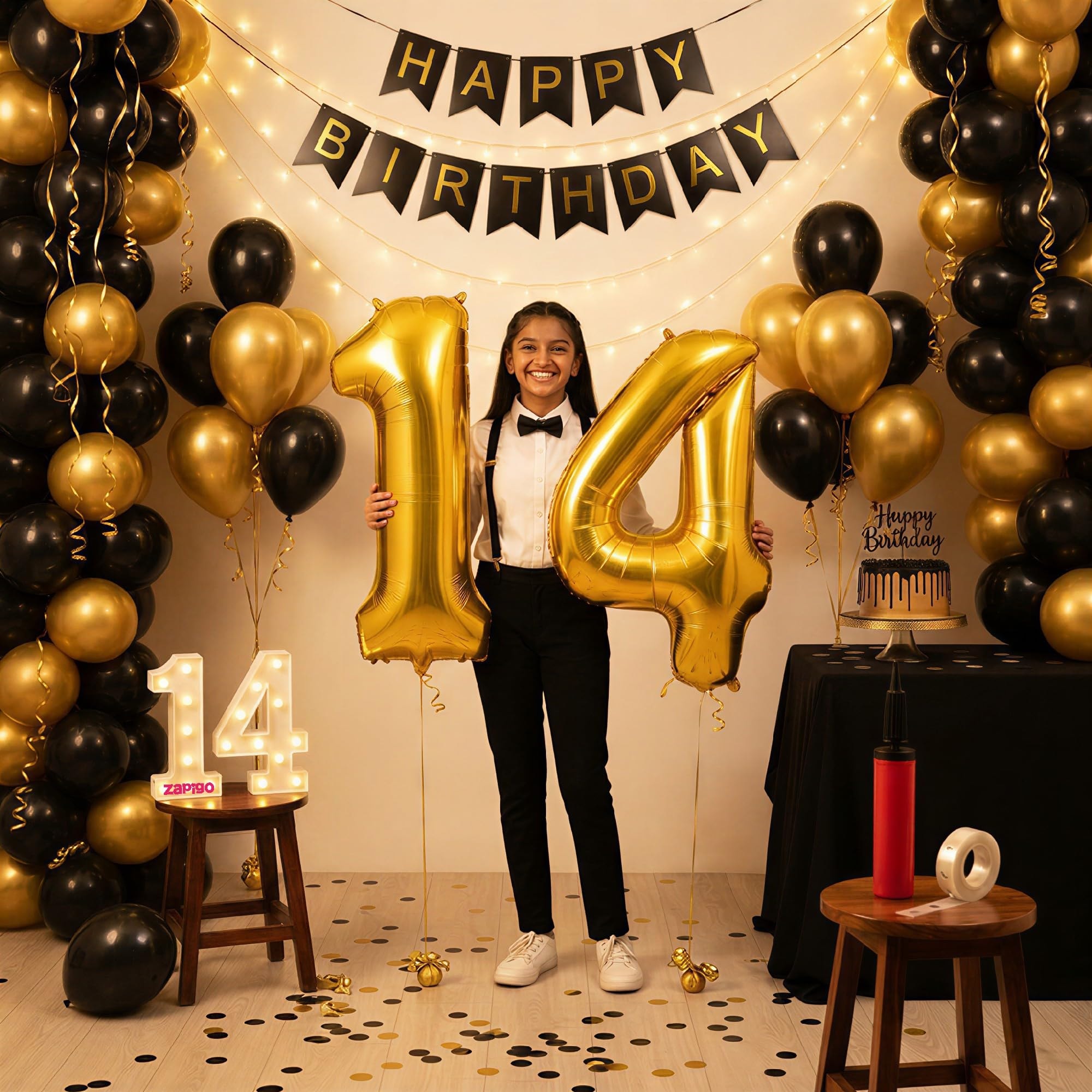 Balloonistics 14th Birthday Decoration Combo Kit - 40 Inch Gold Foil Number Balloon, LED Marquee Light, 50 Black & Gold Balloons, Happy Birthday Banner, Balloon Pump & Glue Dots