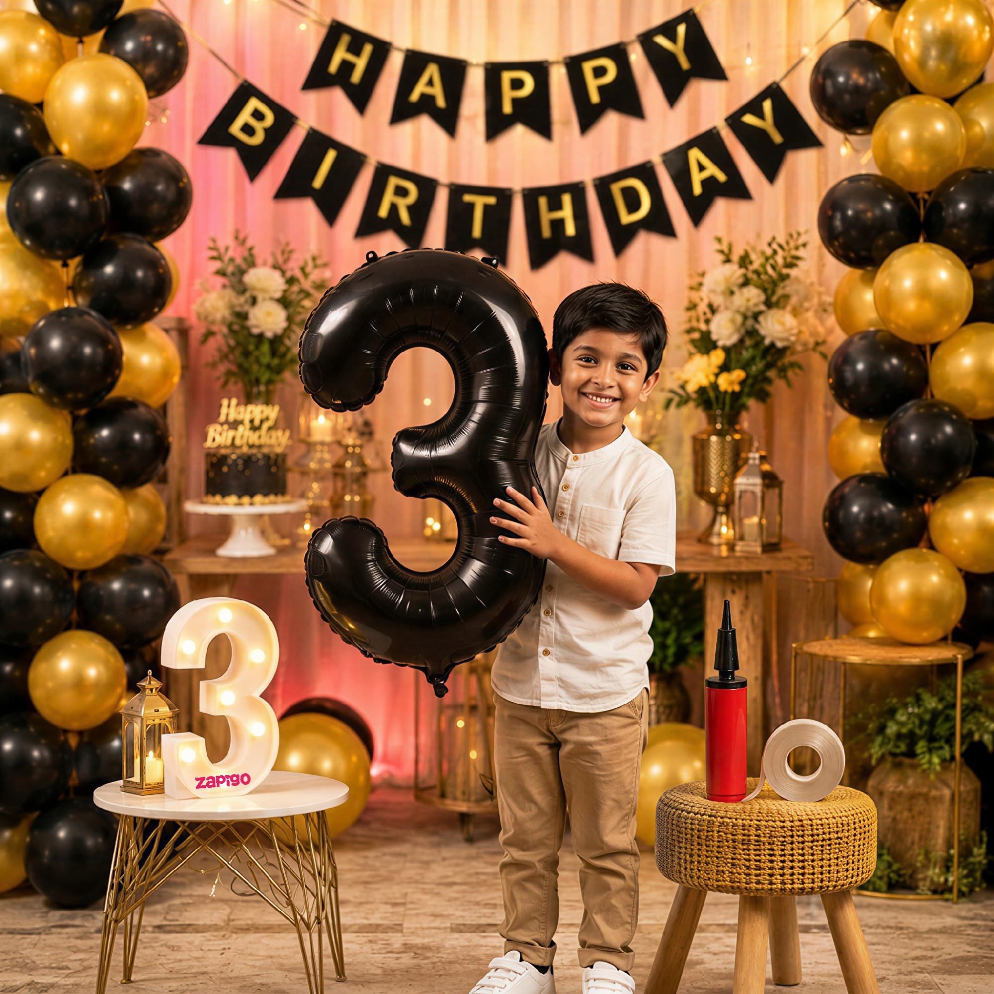 Balloonistics 3rd Birthday Decoration Combo Kit - 40 Inch Black Foil Number Balloon, LED Marquee Light, 50 Black & Gold Balloons, Happy Birthday Banner, Balloon Pump & Glue Dots