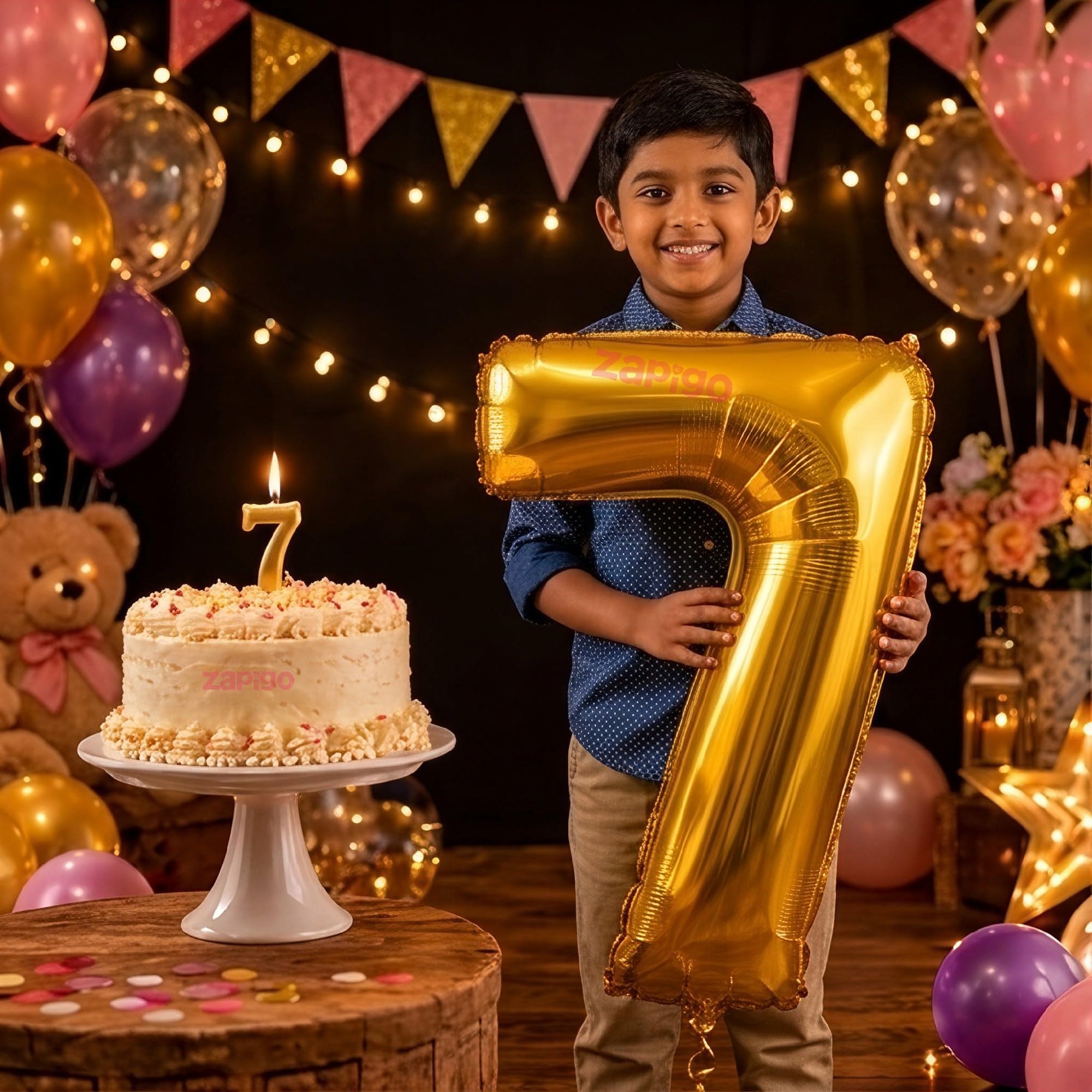 Balloonistics Gold 40-Inch Foil Number 7 Balloon with Matching Number Candle - Combo Set for 7th Birthday, Anniversary, Party Decoration, Photo Booth Backdrop, Cake Table Decor
