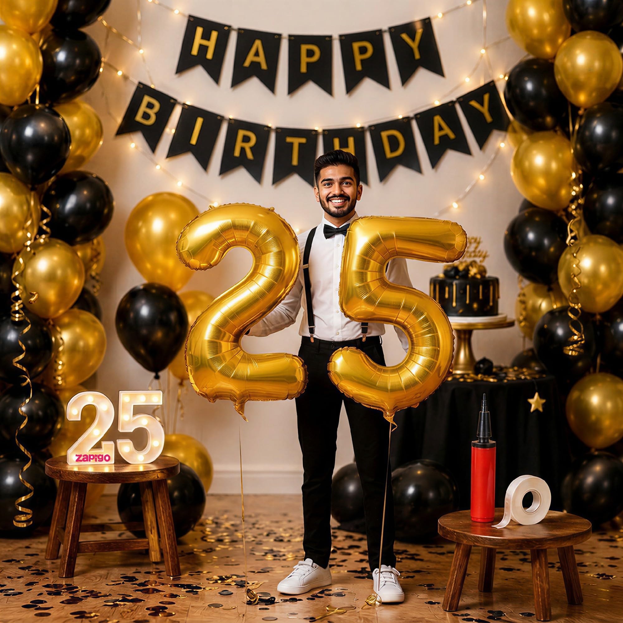 Balloonistics 25th Birthday Decoration Combo Kit - 40 Inch Gold Foil Number Balloon, LED Marquee Light, 50 Black & Gold Balloons, Happy Birthday Banner, Balloon Pump & Glue Dots
