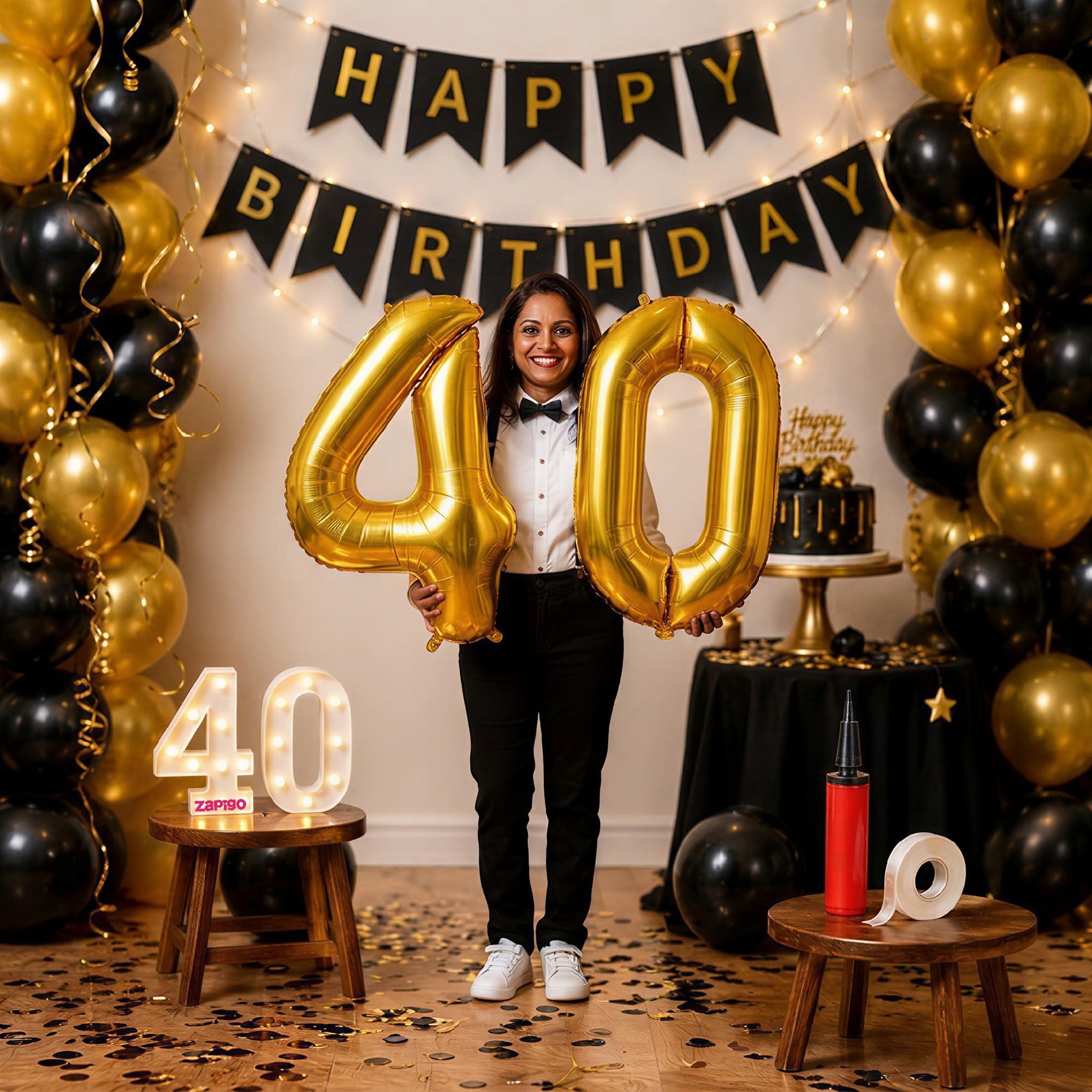 Balloonistics 40th Birthday Decoration Combo Kit - 40 Inch Gold Foil Number Balloon, LED Marquee Light, 50 Black & Gold Balloons, Happy Birthday Banner, Balloon Pump & Glue Dots