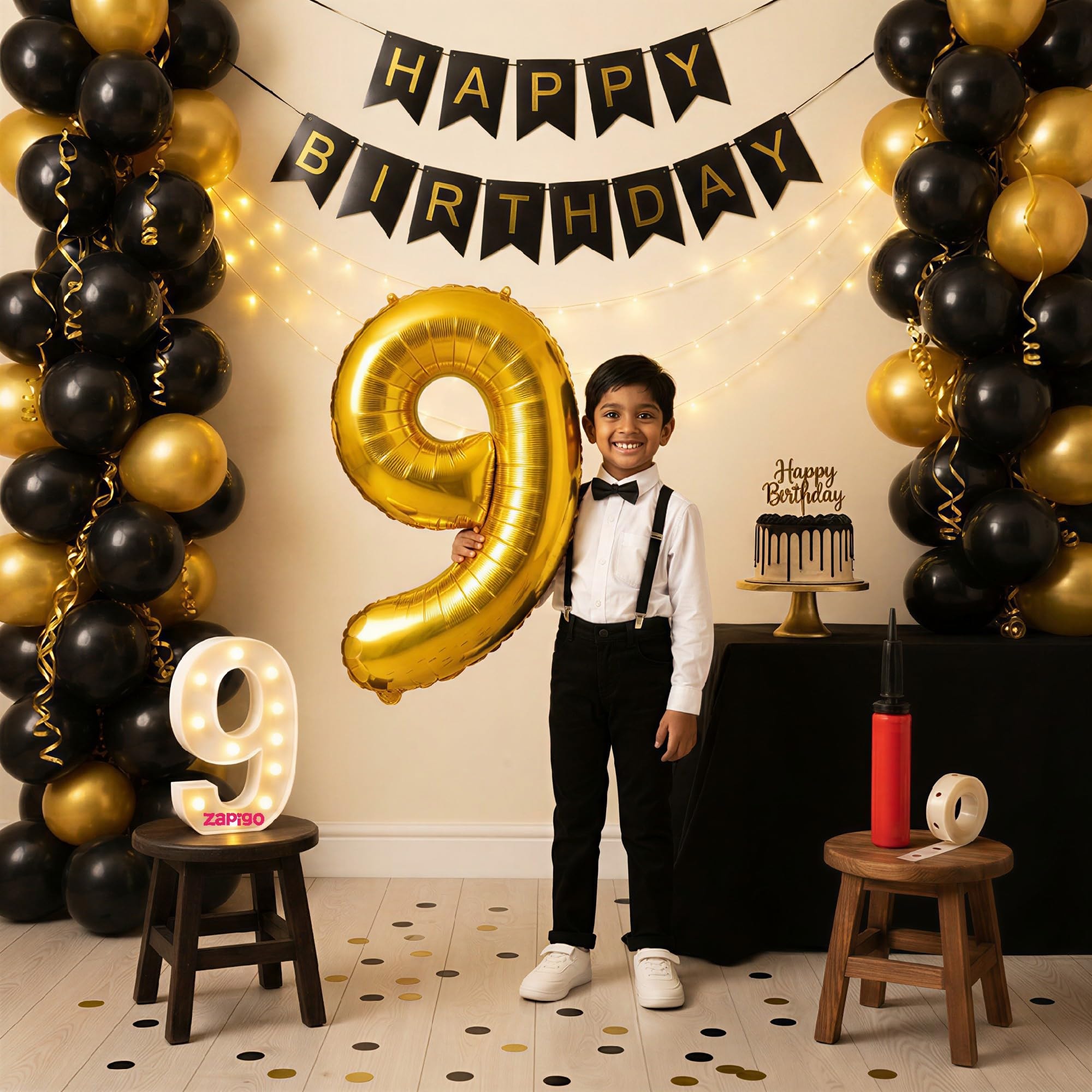 Balloonistics 9th Birthday Decoration Combo Kit - 40 Inch Gold Foil Number Balloon, LED Marquee Light, 50 Black & Gold Balloons, Happy Birthday Banner, Balloon Pump & Glue Dots