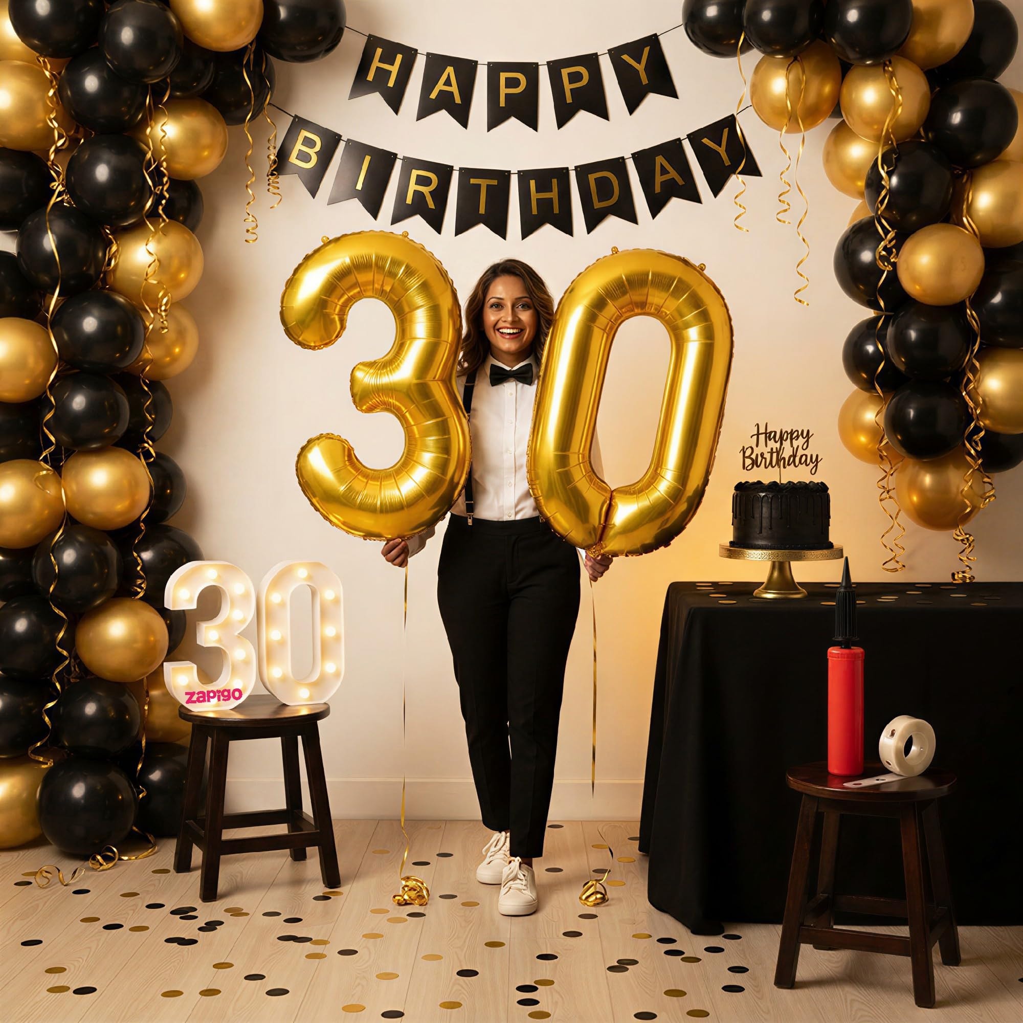 Balloonistics 30th Birthday Decoration Combo Kit - 40 Inch Gold Foil Number Balloon, LED Marquee Light, 50 Black & Gold Balloons, Happy Birthday Banner, Balloon Pump & Glue Dots