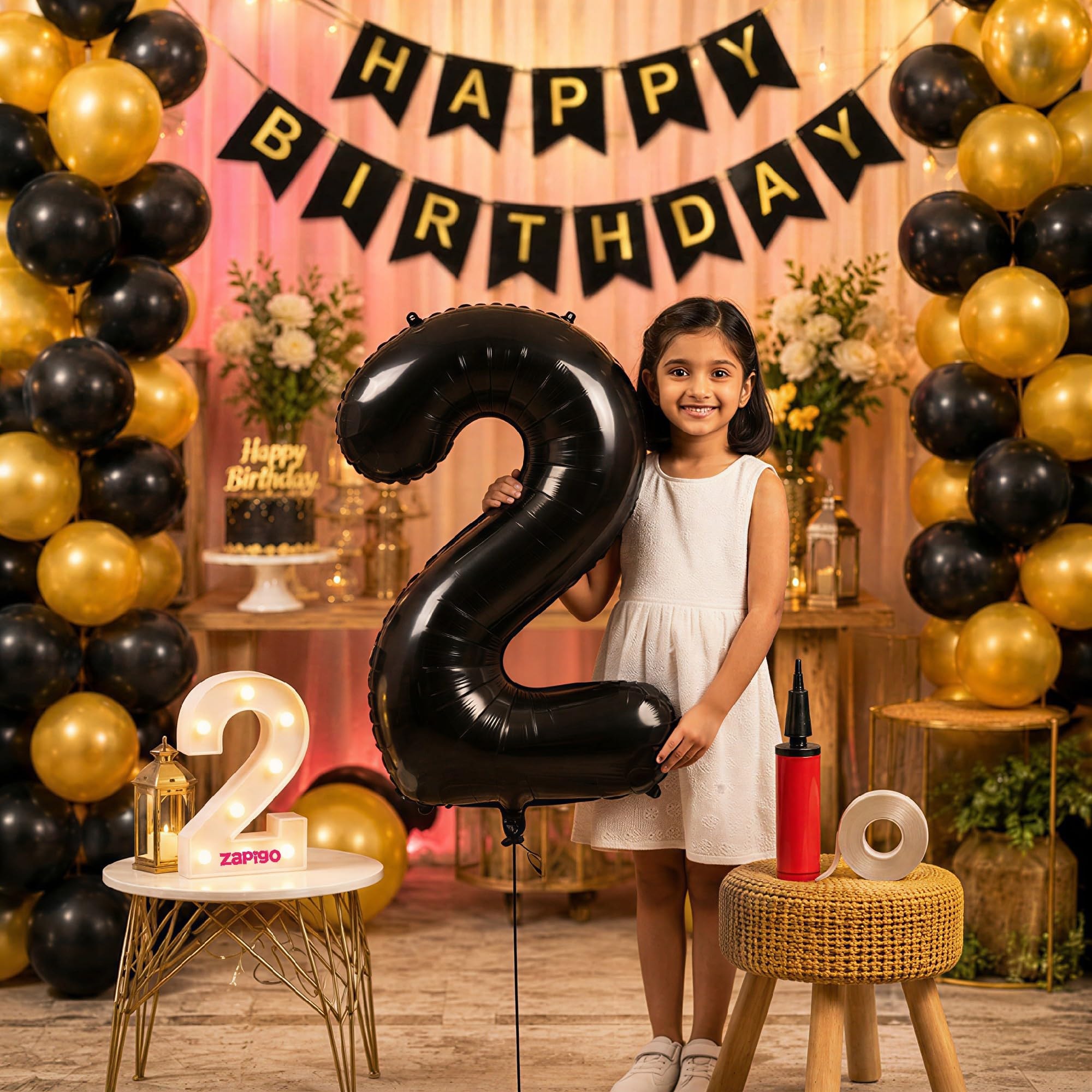 Balloonistics 2nd Birthday Decoration Combo Kit - 40 Inch Black Foil Number Balloon, LED Marquee Light, 50 Black & Gold Balloons, Happy Birthday Banner, Balloon Pump & Glue Dots