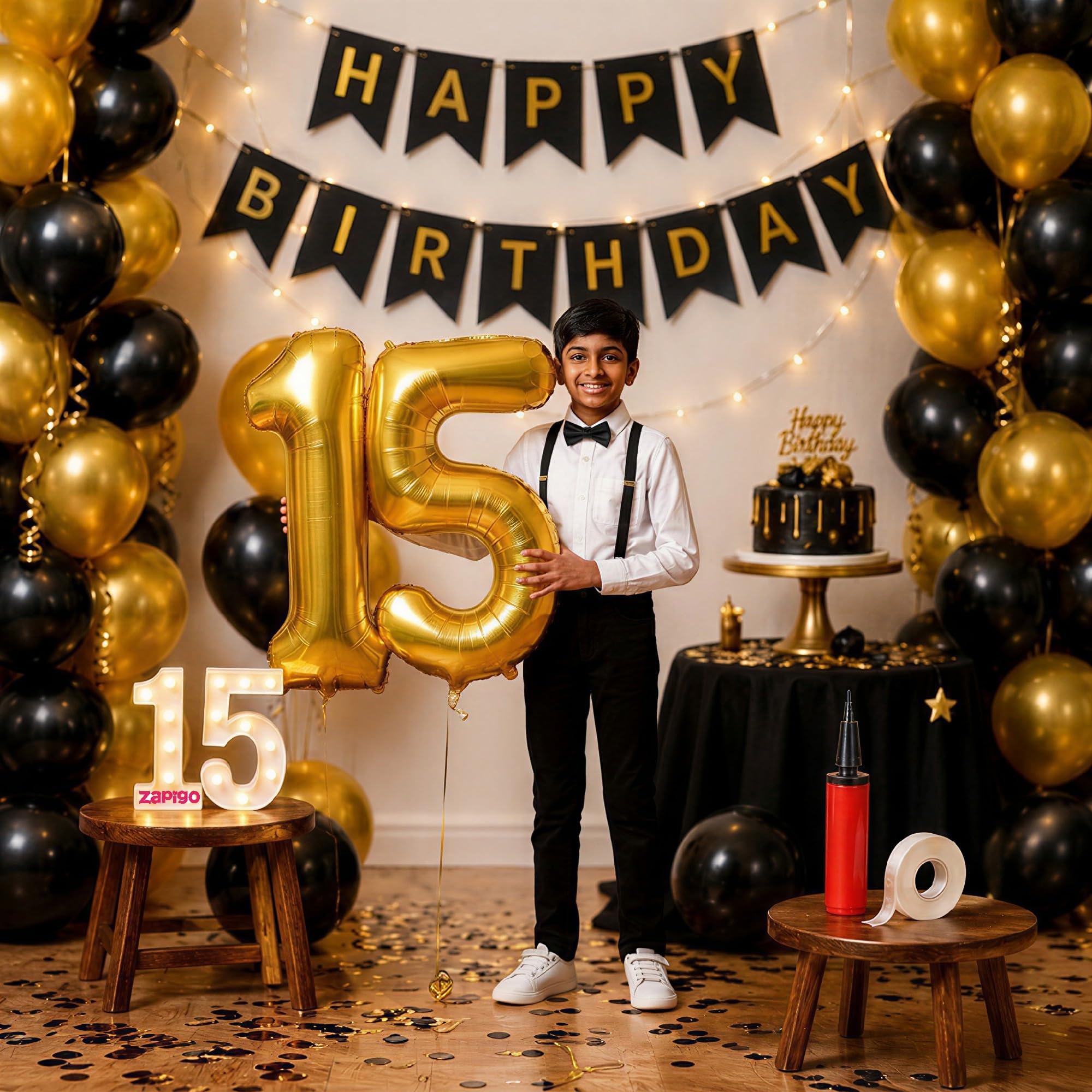 Balloonistics 15th Birthday Decoration Combo Kit - 40 Inch Gold Foil Number Balloon, LED Marquee Light, 50 Black & Gold Balloons, Happy Birthday Banner, Balloon Pump & Glue Dots
