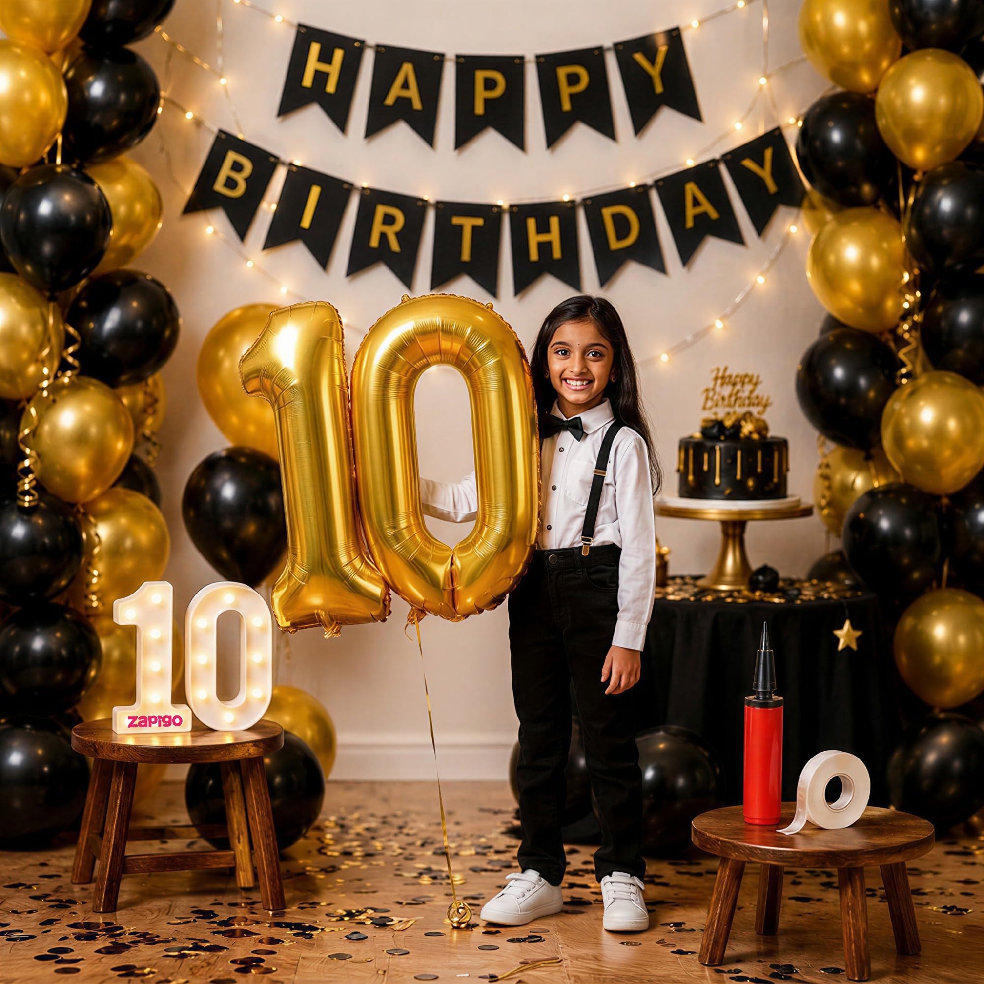 Balloonistics 10th Birthday Decoration Combo Kit - 40 Inch Gold Foil Number Balloon, LED Marquee Light, 50 Black & Gold Balloons, Happy Birthday Banner, Balloon Pump & Glue Dots