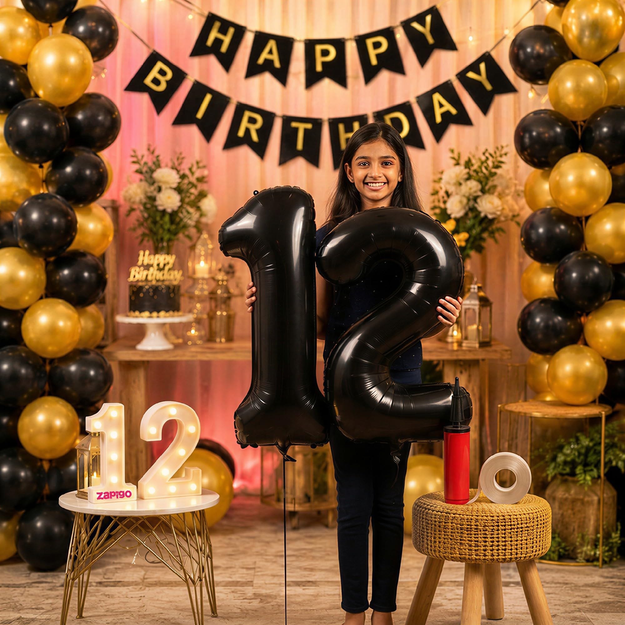 Balloonistics 12th Birthday Decoration Combo Kit - 40 Inch Black Foil Number Balloon, LED Marquee Light, 50 Black & Gold Balloons, Happy Birthday Banner, Balloon Pump & Glue Dots