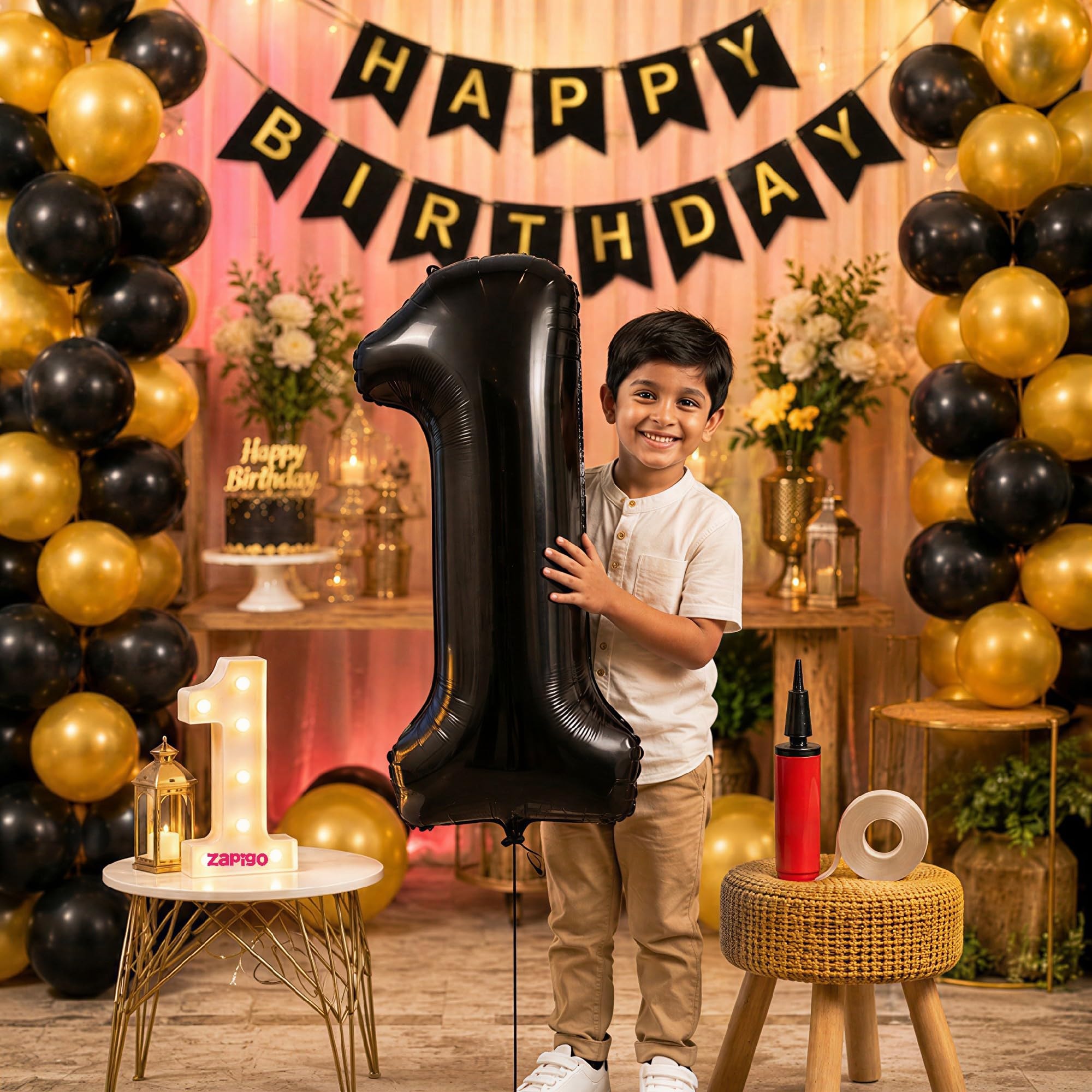 Balloonistics 1st Birthday Decoration Combo Kit - 40 Inch Black Foil Number Balloon, LED Marquee Light, 50 Black & Gold Balloons, Happy Birthday Banner, Balloon Pump & Glue Dots