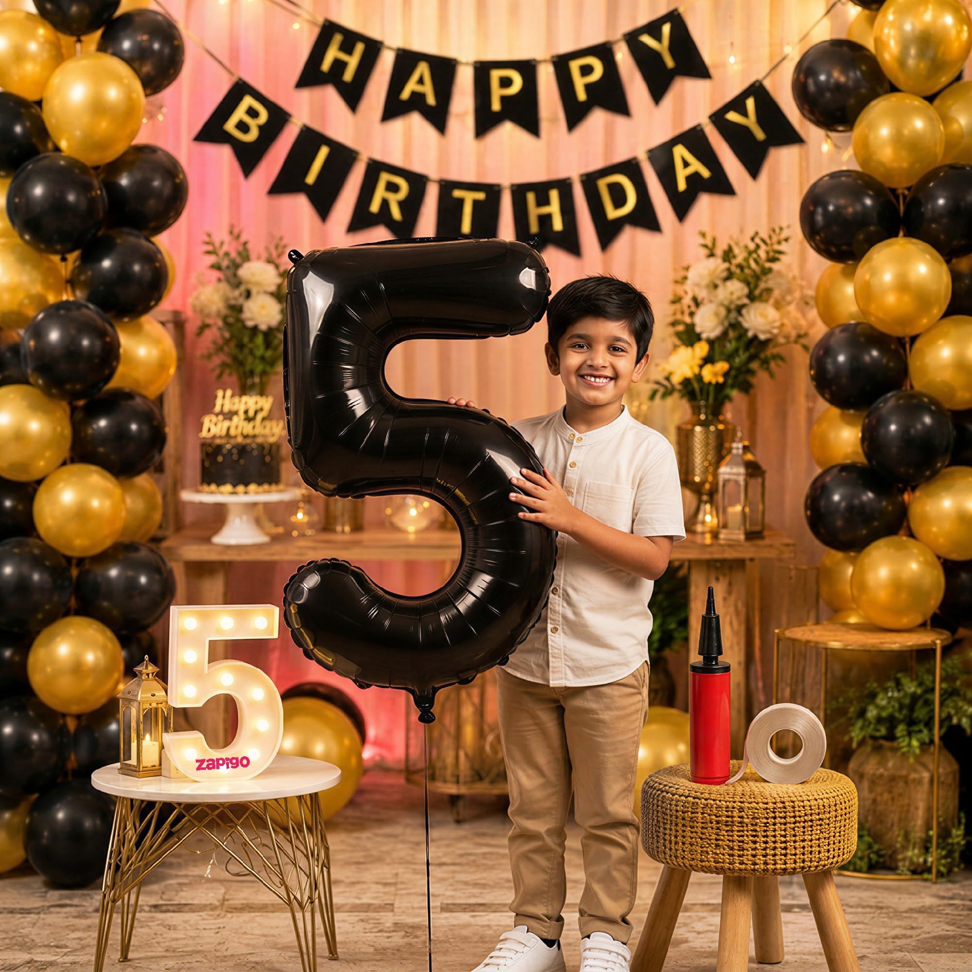 Balloonistics 5th Birthday Decoration Combo Kit - 40 Inch Black Foil Number Balloon, LED Marquee Light, 50 Black & Gold Balloons, Happy Birthday Banner, Balloon Pump & Glue Dots