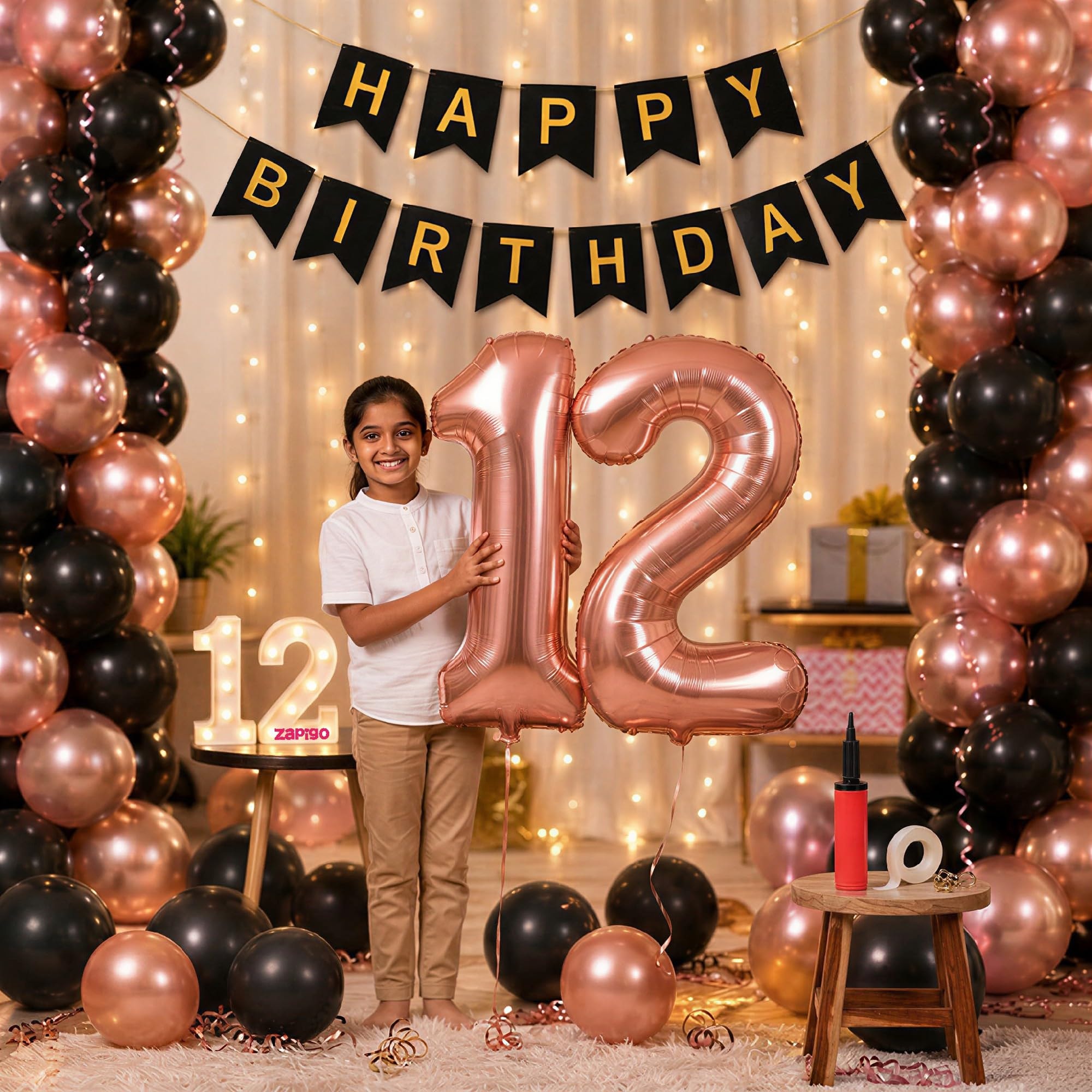 Balloonistics 12th Birthday Decoration Combo Kit - 40 Inch Rose Gold Foil Number Balloon, LED Marquee Light, 50 Rose Gold & Black Balloons, Happy Birthday Banner, Balloon Pump & Glue Dots
