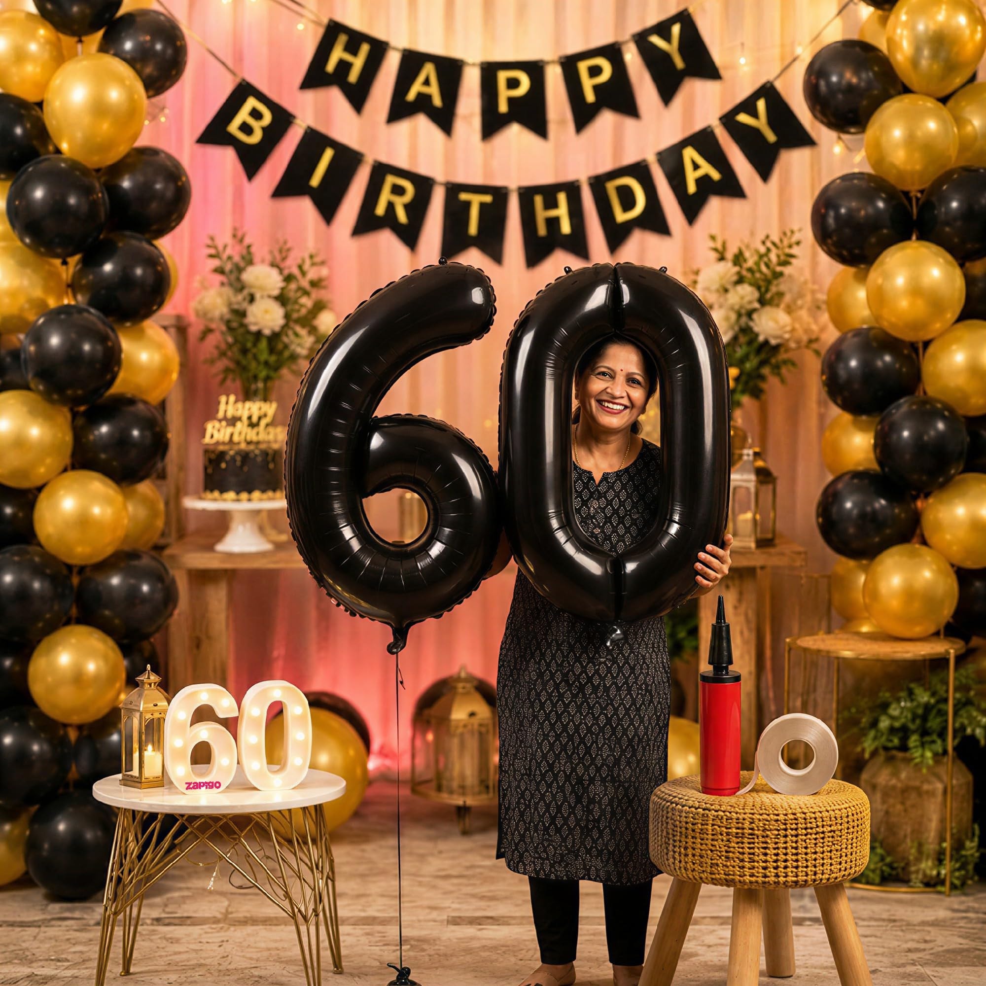Balloonistics 60th Birthday Decoration Combo Kit - 40 Inch Black Foil Number Balloon, LED Marquee Light, 50 Black & Gold Balloons, Happy Birthday Banner, Balloon Pump & Glue Dots