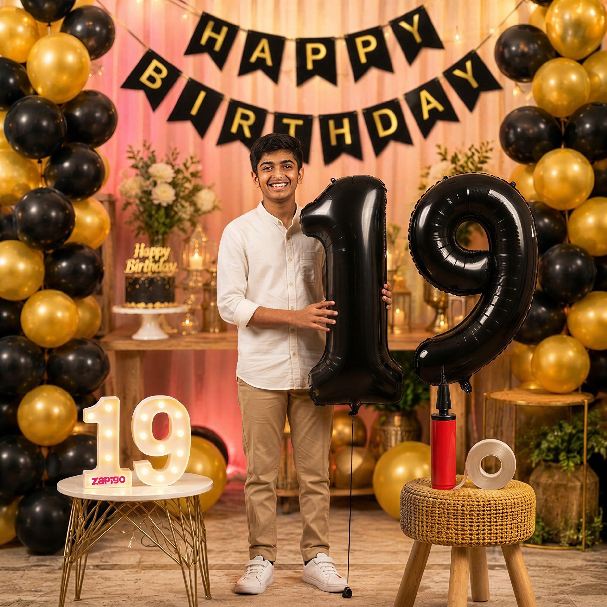 Balloonistics 19th Birthday Decoration Combo Kit - 40 Inch Black Foil Number Balloon, LED Marquee Light, 50 Black & Gold Balloons, Happy Birthday Banner, Balloon Pump & Glue Dots