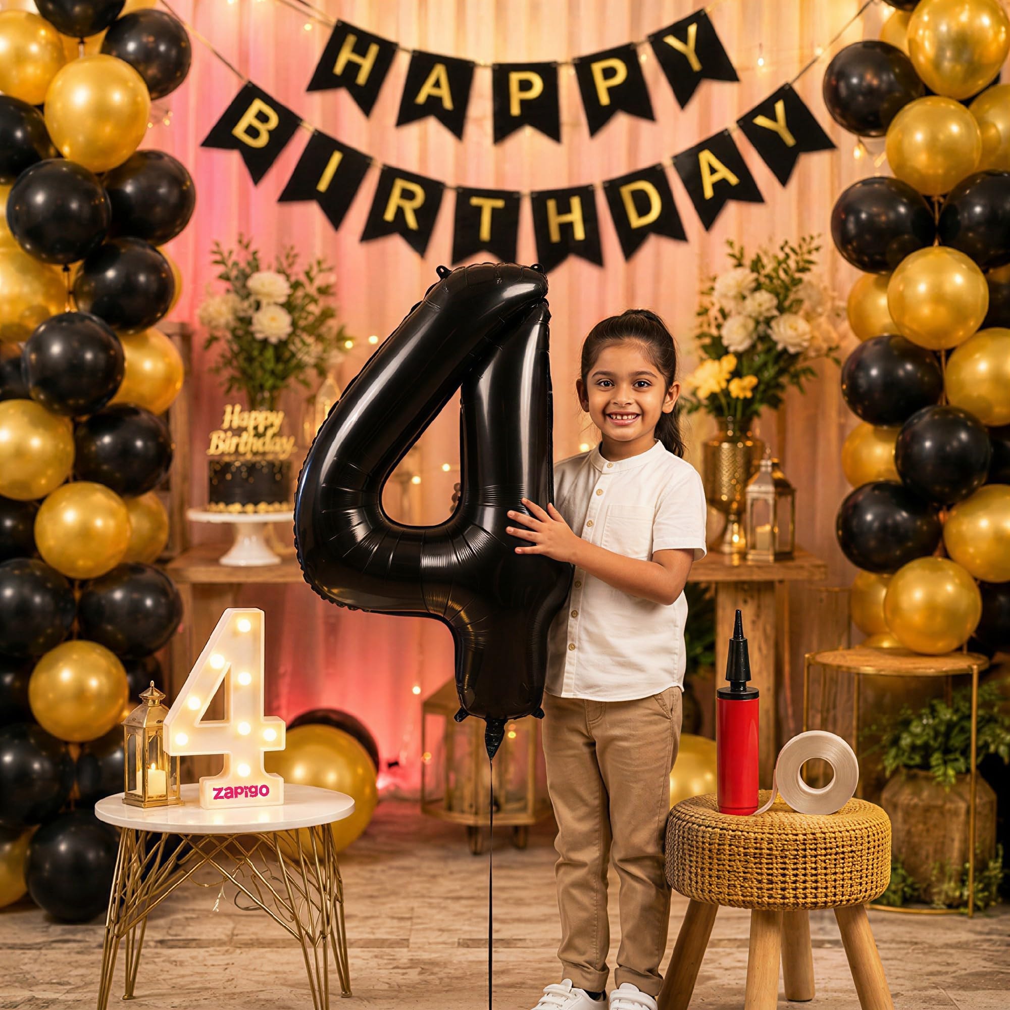 Balloonistics 4th Birthday Decoration Combo Kit - 40 Inch Black Foil Number Balloon, LED Marquee Light, 50 Black & Gold Balloons, Happy Birthday Banner, Balloon Pump & Glue Dots