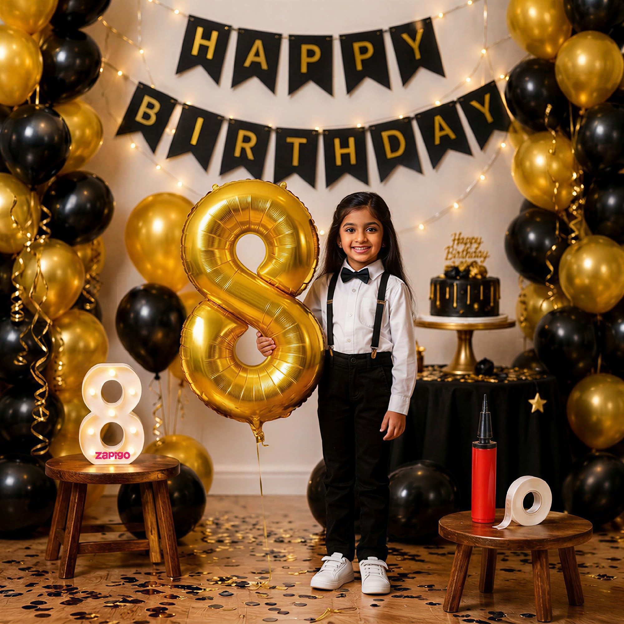 Balloonistics 8th Birthday Decoration Combo Kit - 40 Inch Gold Foil Number Balloon, LED Marquee Light, 50 Black & Gold Balloons, Happy Birthday Banner, Balloon Pump & Glue Dots