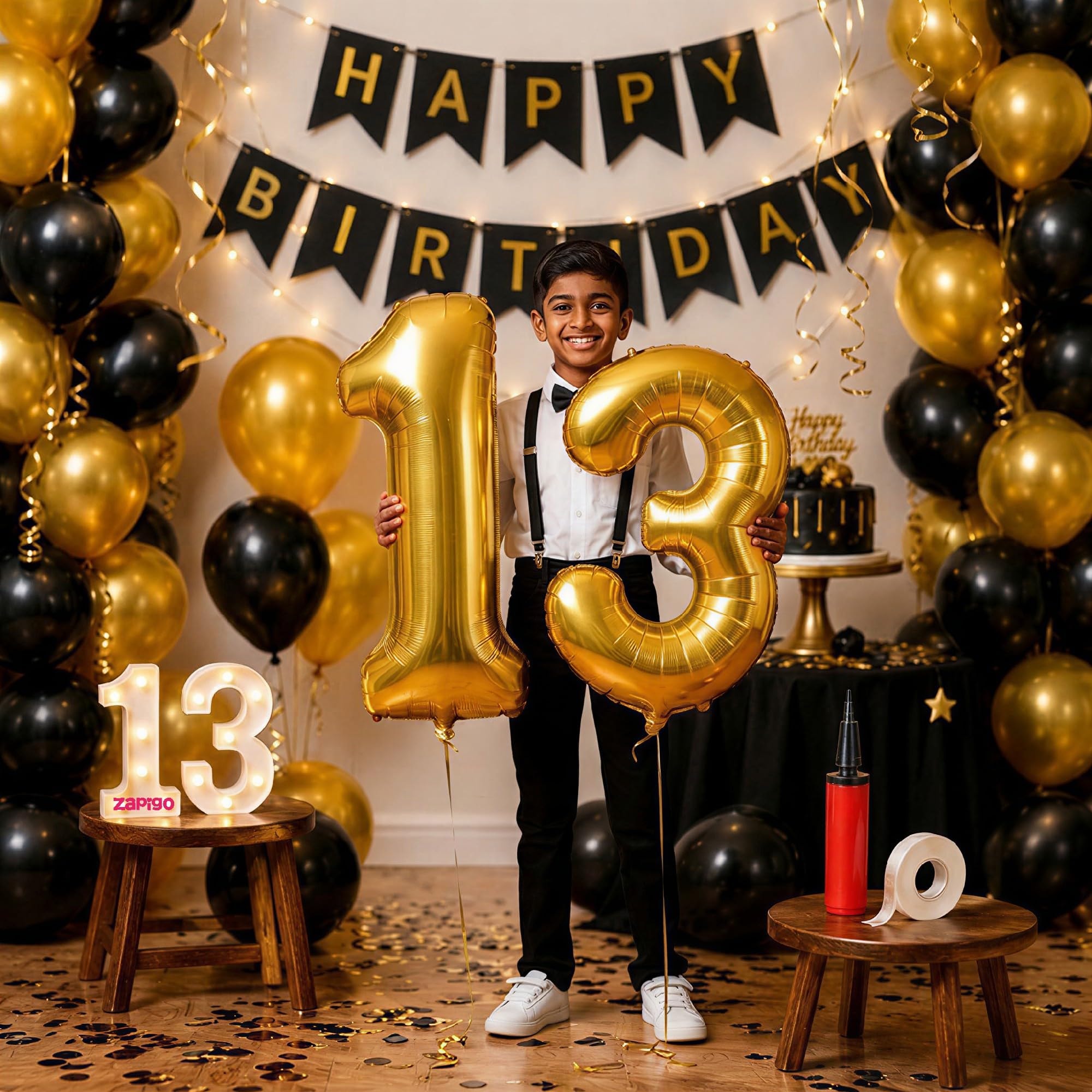 Balloonistics 13th Birthday Decoration Combo Kit - 40 Inch Gold Foil Number Balloon, LED Marquee Light, 50 Black & Gold Balloons, Happy Birthday Banner, Balloon Pump & Glue Dots