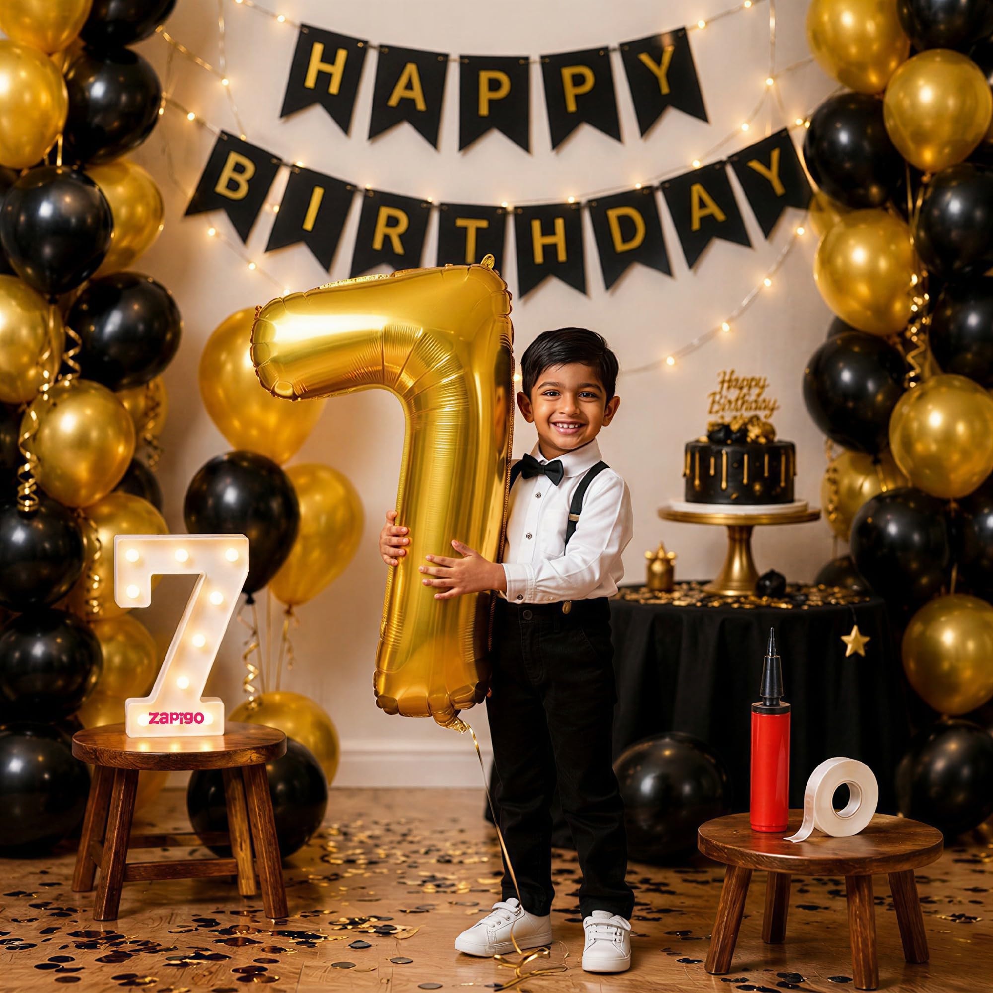 Balloonistics 7th Birthday Decoration Combo Kit - 40 Inch Gold Foil Number Balloon, LED Marquee Light, Black & Gold Balloons, Happy Birthday Banner, Balloon Pump & Glue Dots