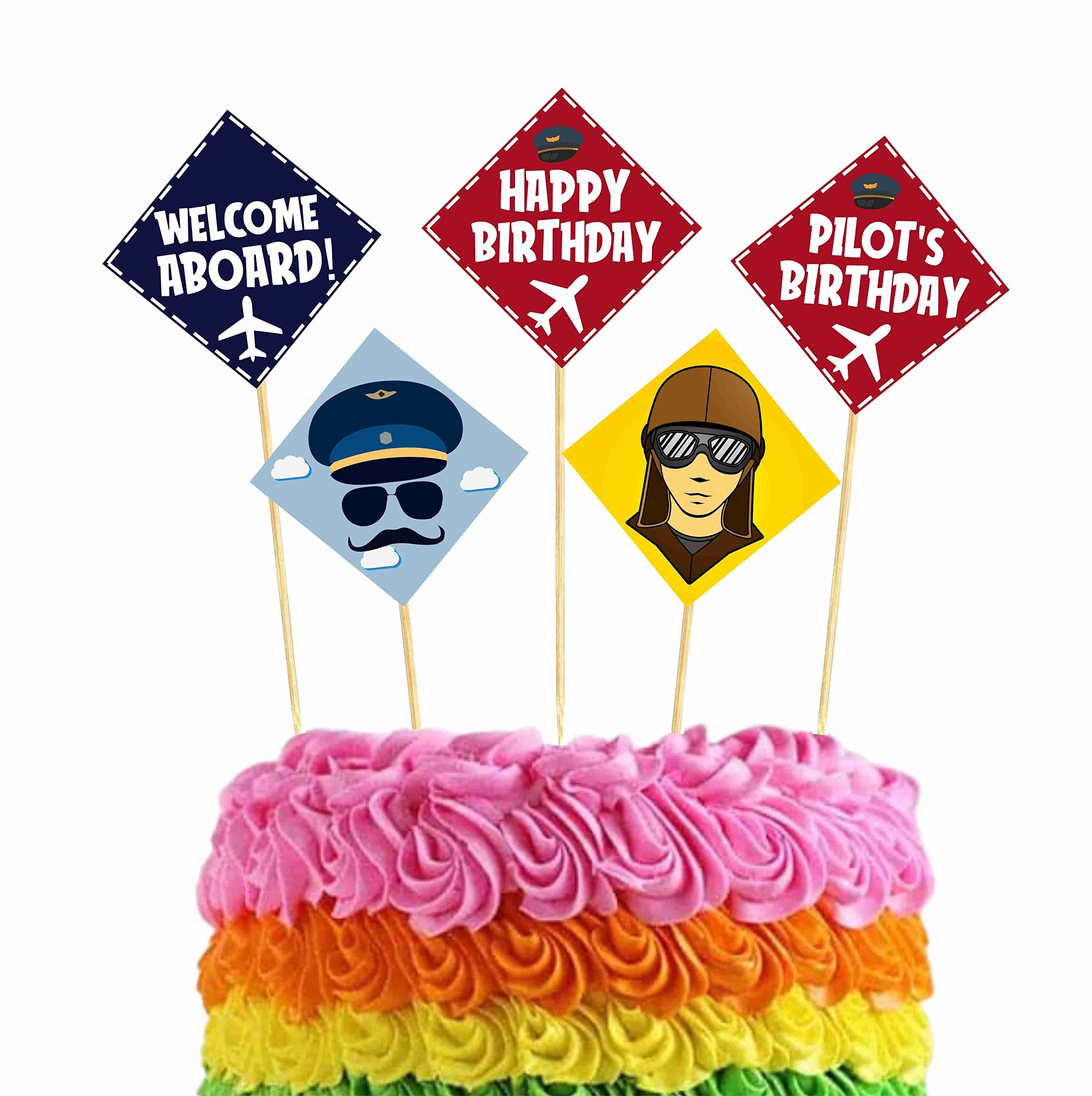 Aeroplane Theme Cake Toppers Blue & Red Cardstock Airplane Cake Decorations Pilot & Aviation Theme Party Supplies for Boys 1st Birthday, Time Flies, Cake Smash Props (Cake Topper - Pack of 10)