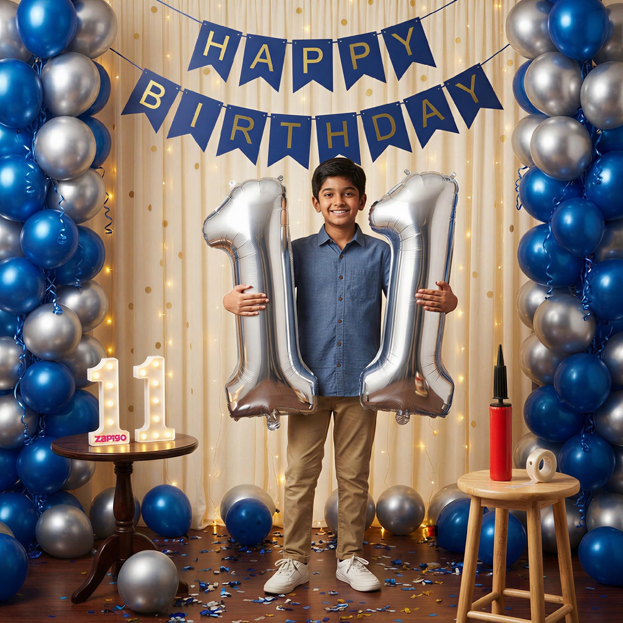 Balloonistics 11th Birthday Decoration Combo Kit - 40 Inch Silver Foil Number Balloon, LED Marquee Light, 50 Silver & Blue Balloons, Happy Birthday Banner, Balloon Pump & Glue Dots