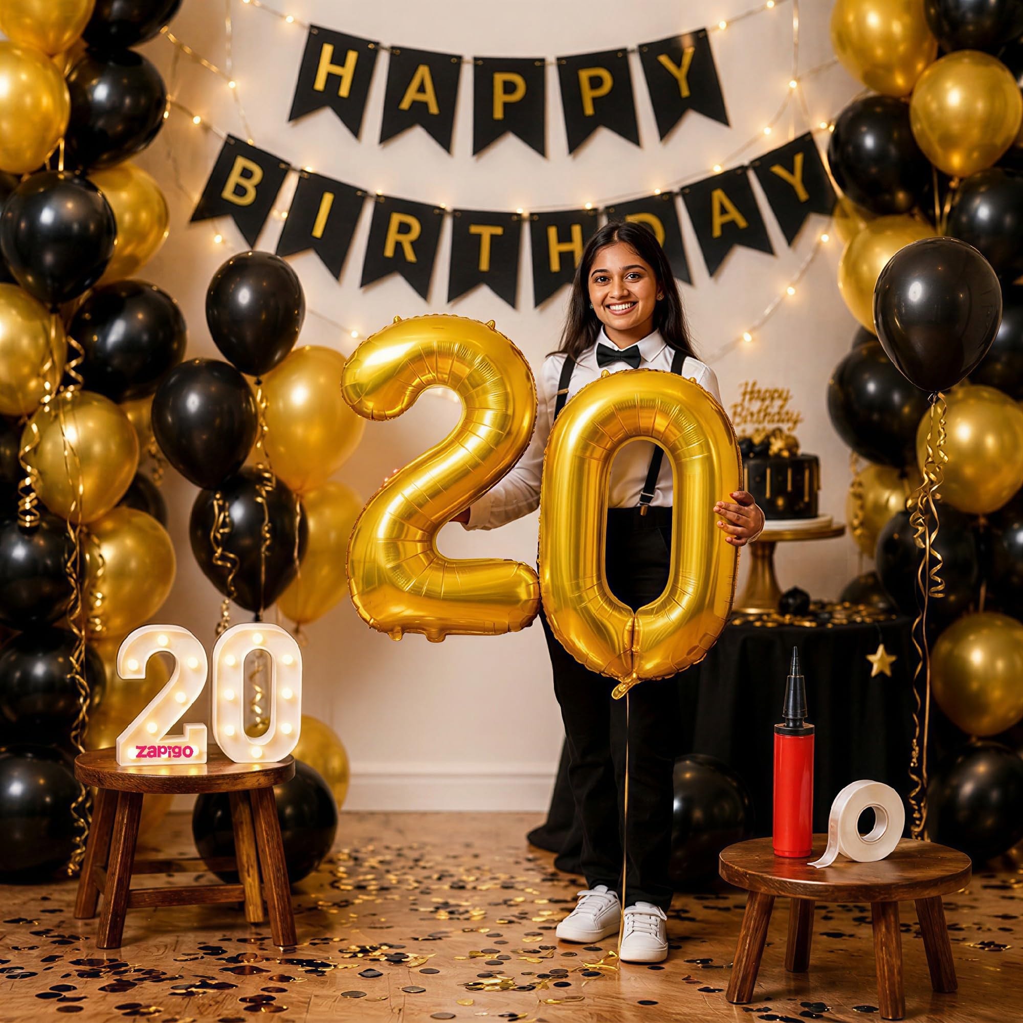 Balloonistics 20th Birthday Decoration Combo Kit - 40 Inch Gold Foil Number Balloon, LED Marquee Light, 50 Black & Gold Balloons, Happy Birthday Banner, Balloon Pump & Glue Dots