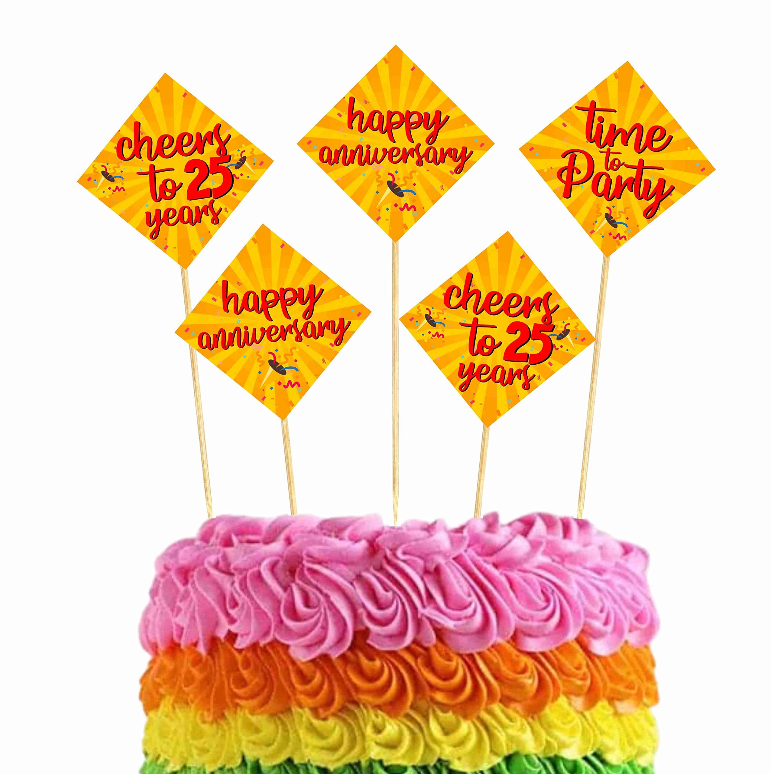 Balloonistics 25th Anniversary Cake Topper Multicolor Cardstock Picks with Natural Bamboo Sticks Anniversary Party Decorations for Cakes (Cake Topper - Pack of 10)