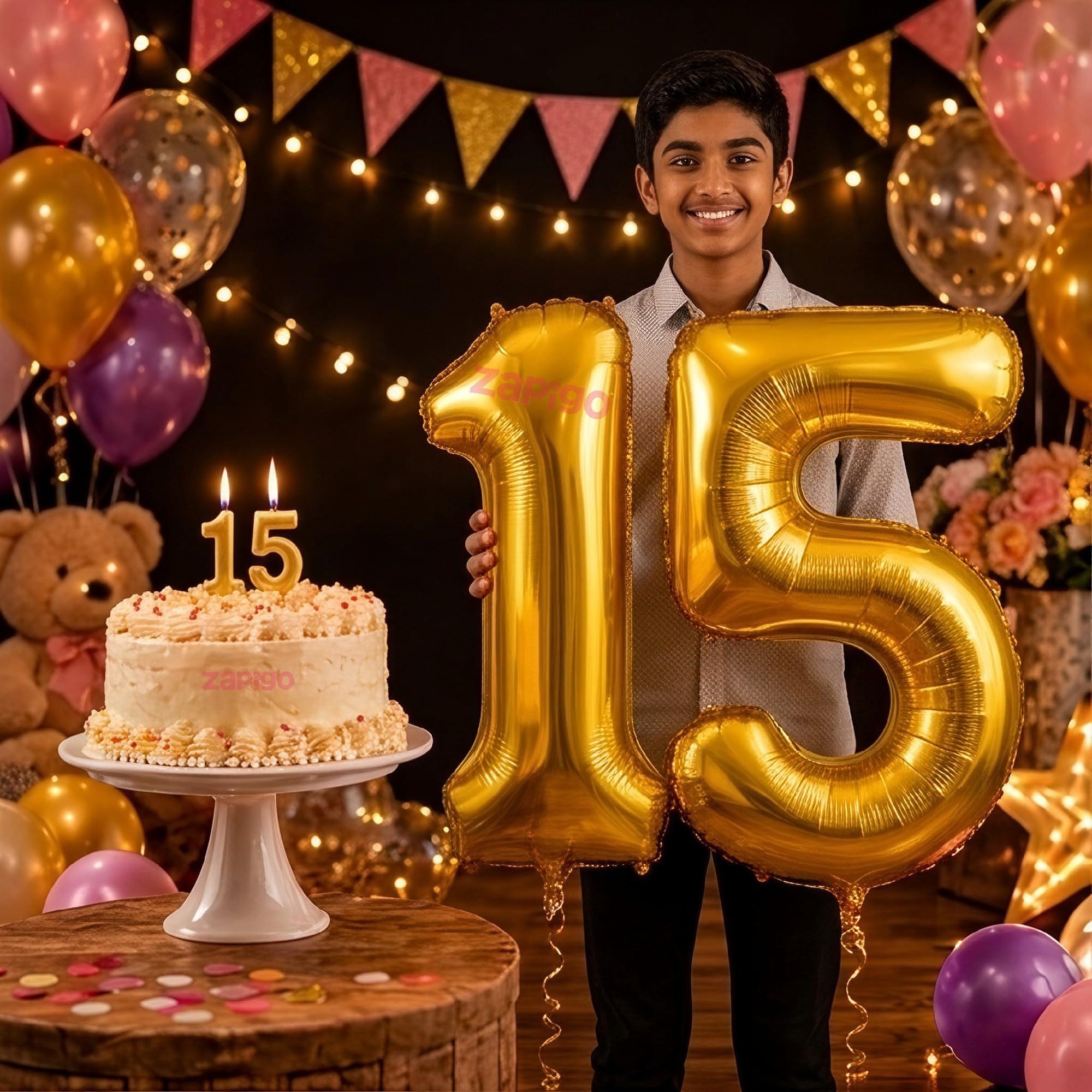 Balloonistics Gold 40-Inch Foil Number 15 Balloon with Matching Number Candle - Combo Set for 15th Birthday, Anniversary, Party Decoration, Photo Booth Backdrop