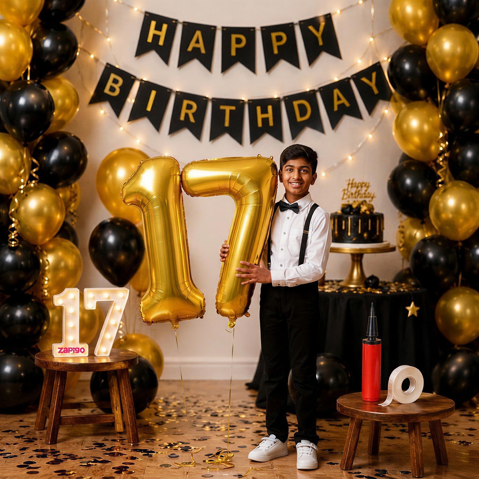 Balloonistics 17th Birthday Decoration Combo Kit - 40 Inch Gold Foil Number Balloon, LED Marquee Light, 50 Black & Gold Balloons, Happy Birthday Banner, Balloon Pump & Glue Dots