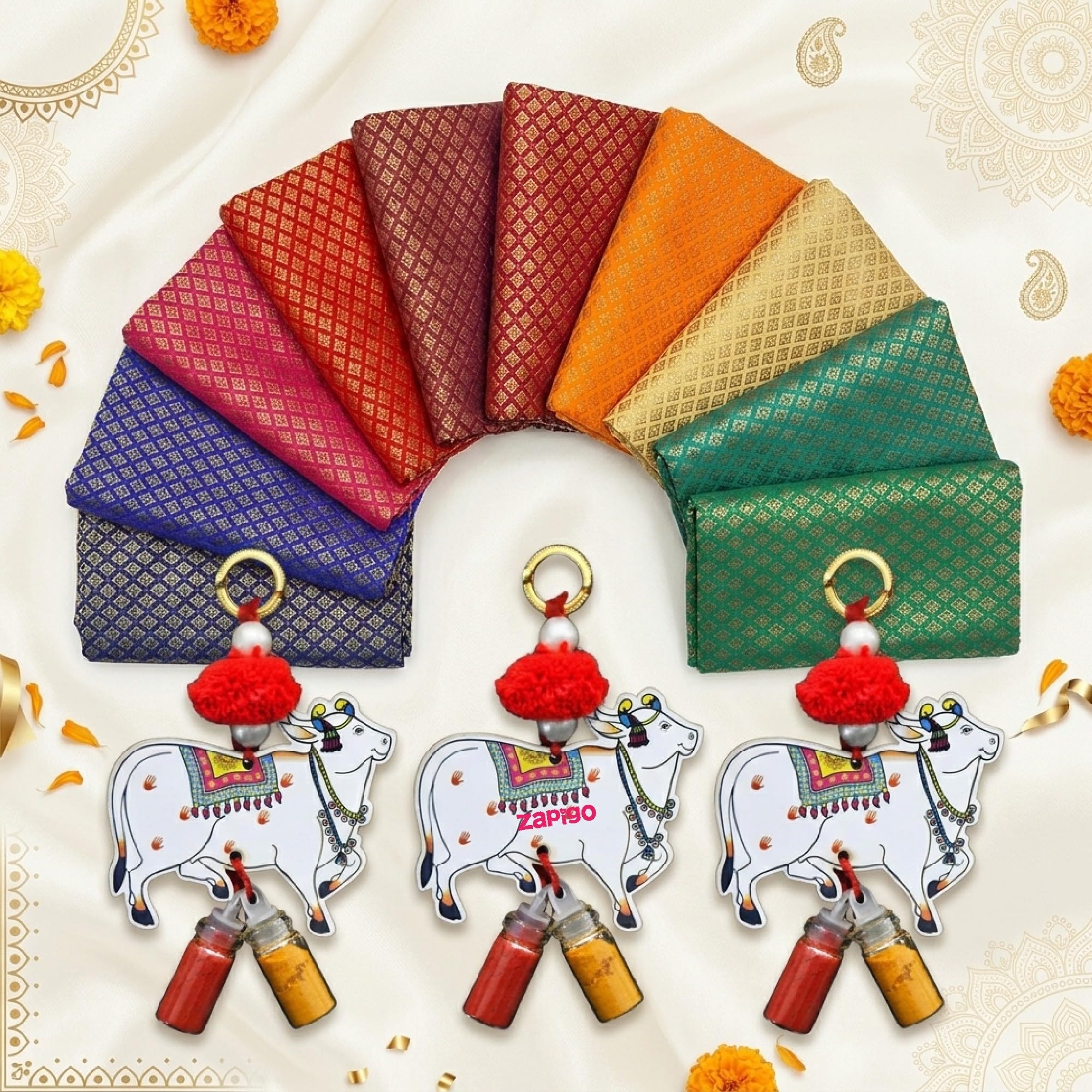 Habba Blouse Piece with Cow Design Silver Kumkum Set, Pasupu Kumkum Dome Glass Bottle, Traditional Haldi Kumkum Return Gift for Diwali, Navratri, Weddings, Pooja, Housewarming & Festivals - Pack of 5