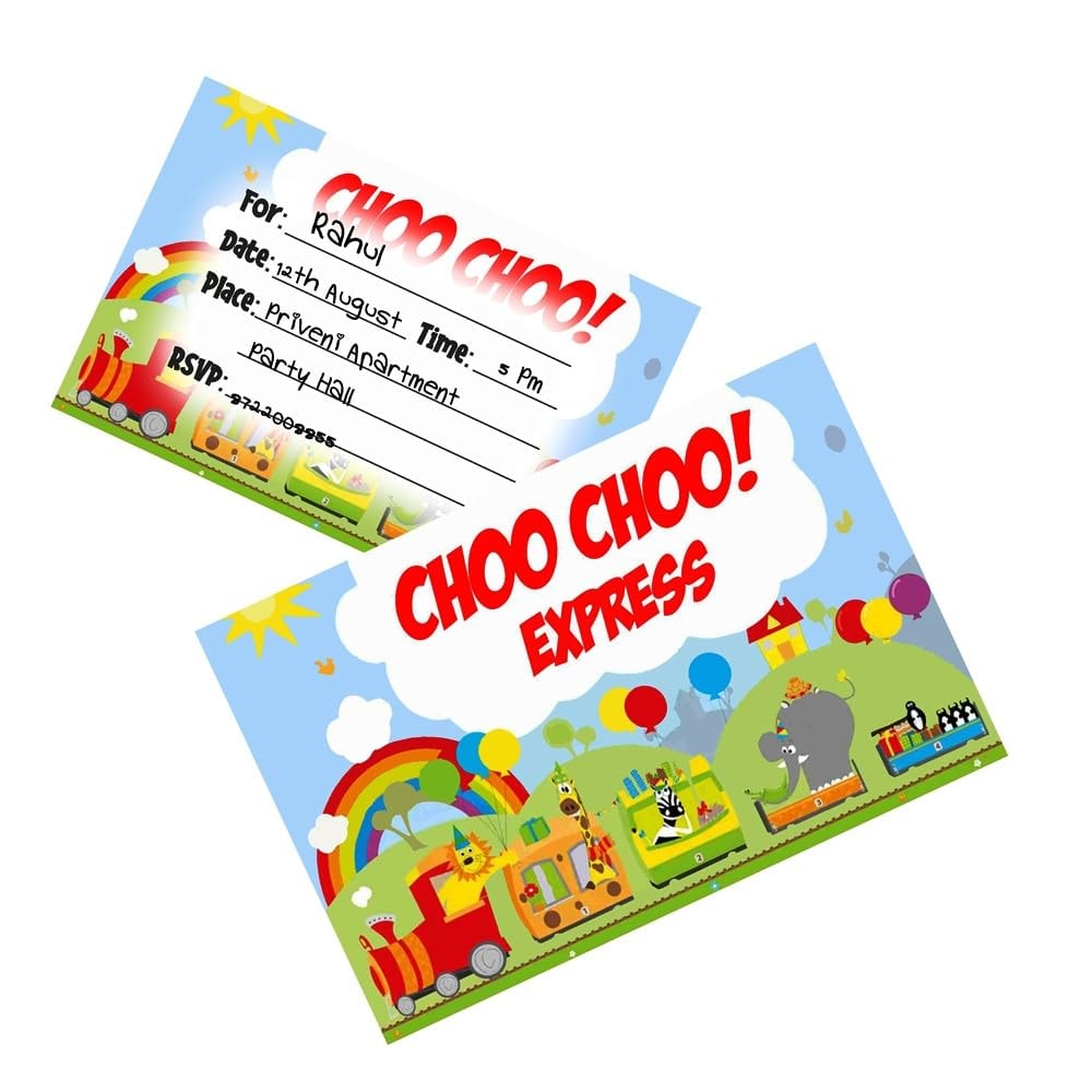 Balloonistics Train Birthday Theme Invitation Cards Double-Sided Cardstock Invite Notes Steam Engine Rail Party Cards for Birthday (Invite Cards - Pack of 10)