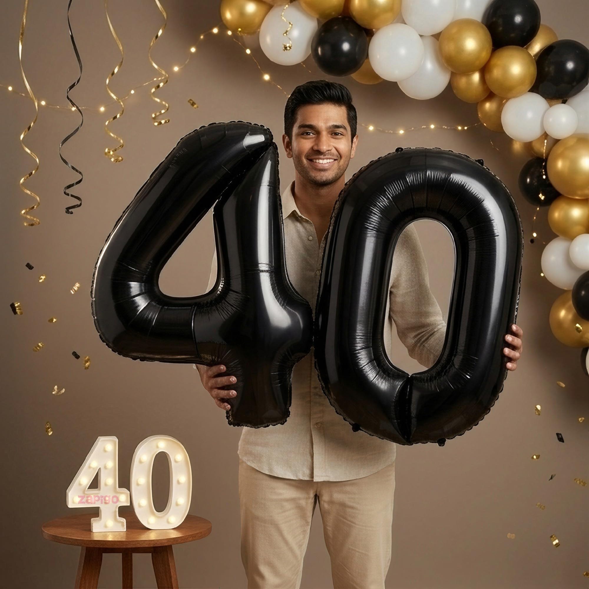 Balloonistics Black 40-Inch Foil Number 40 Balloon with Matching LED Marquee Light - Combo Set for 40th Birthday, Anniversary, Party Decoration, Photo Booth Backdrop