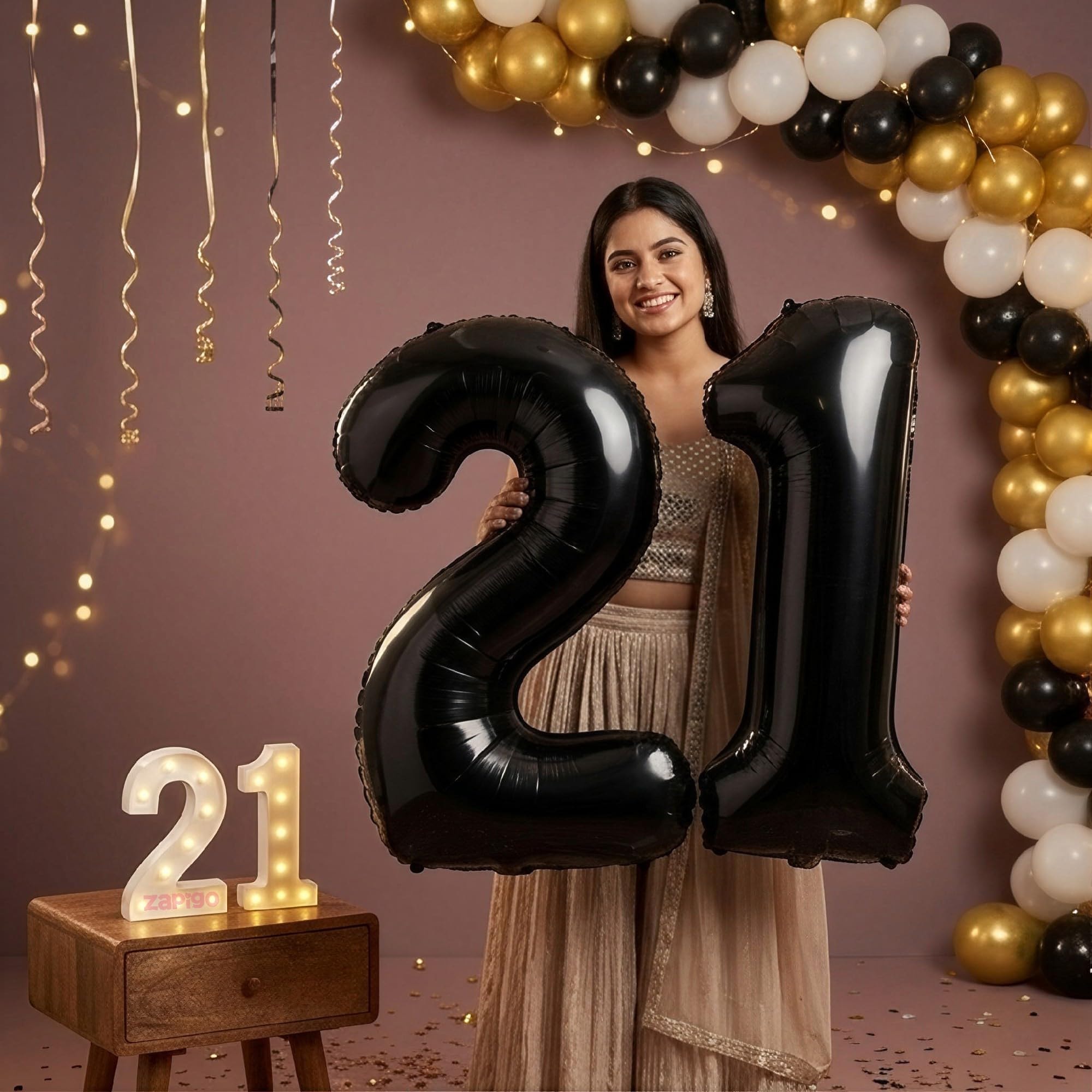 Balloonistics Black 40-Inch Foil Number 21 Balloon with Matching LED Marquee Light - Combo Set for 21st Birthday, Anniversary, Party Decoration, Photo Booth Backdrop