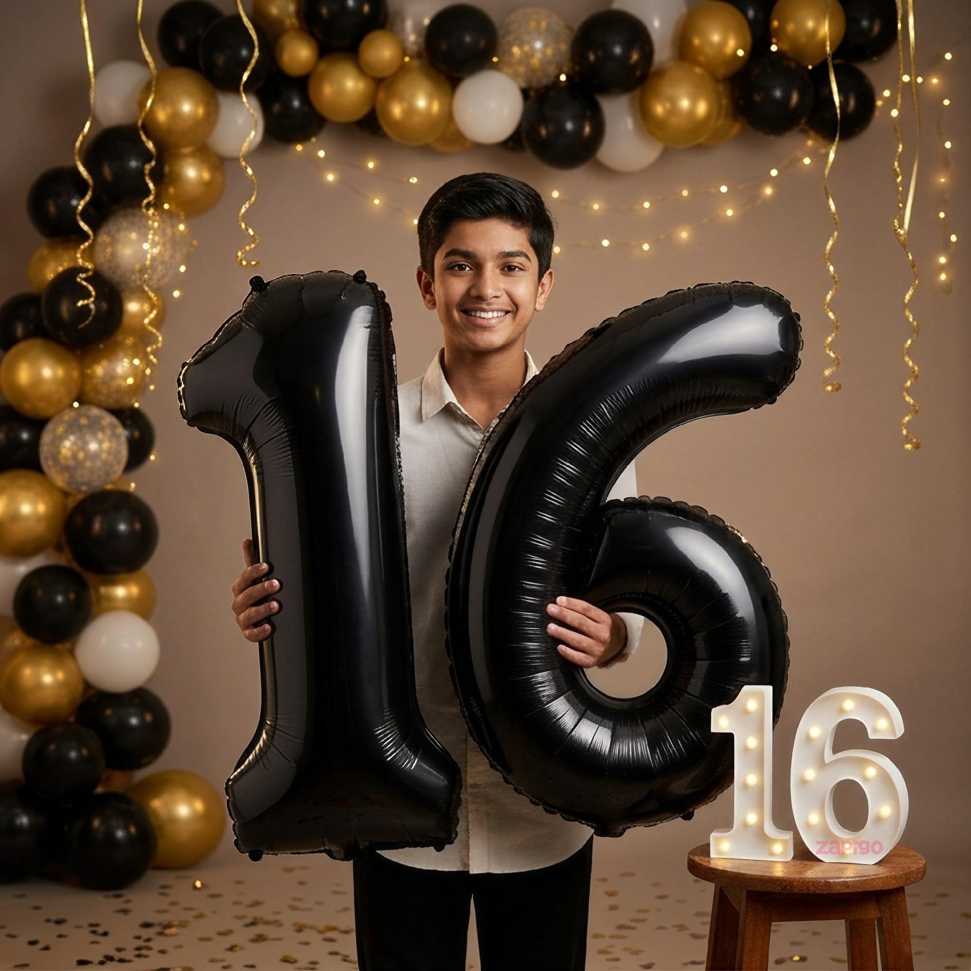 Balloonistics Black 40-Inch Foil Number 16 Balloon with Matching LED Marquee Light - Combo Set for 16th Birthday, Anniversary, Party Decoration, Photo Booth Backdrop