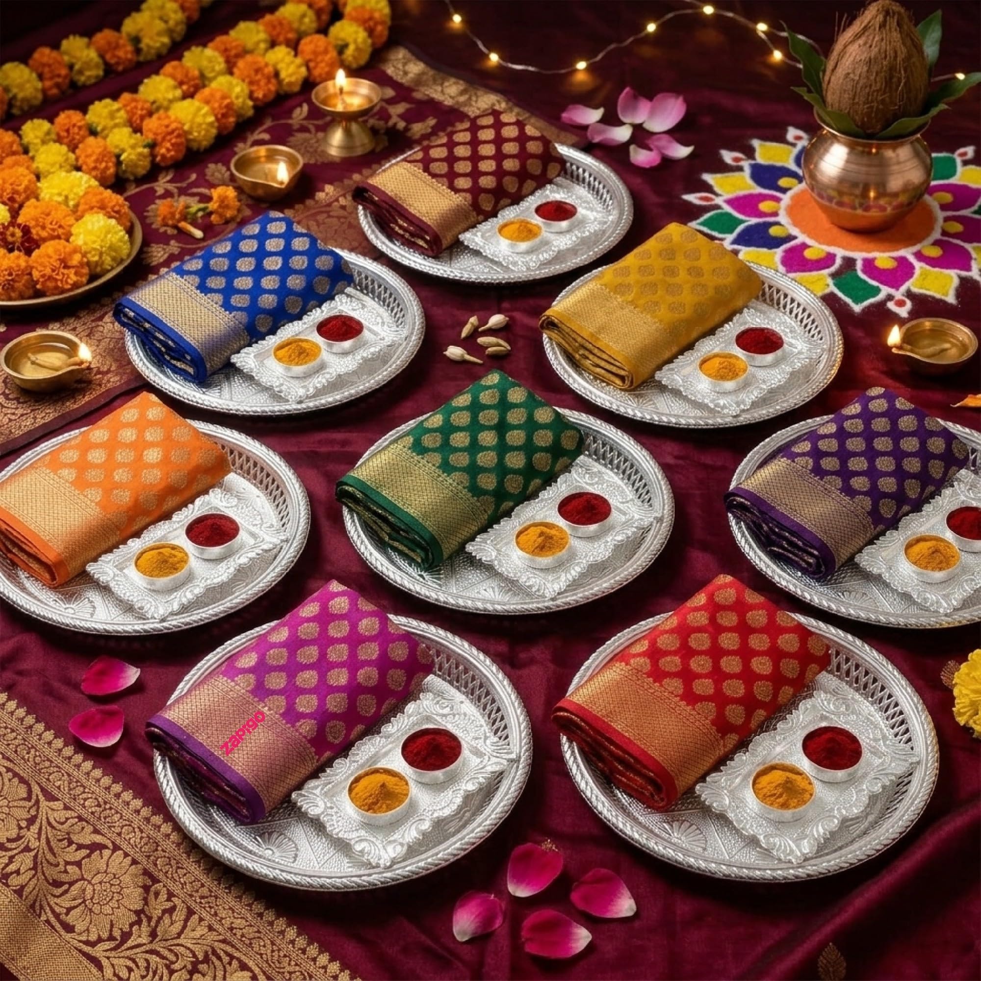 Habba Blouse Piece with Silver Plate & Kumkum Silver Box, Silk Blend Blouse Material, Decorative Pooja Plate Set, Traditional Haldi Kumkum Return Gift for Diwali, Navratri, Wedding - Pack of 5