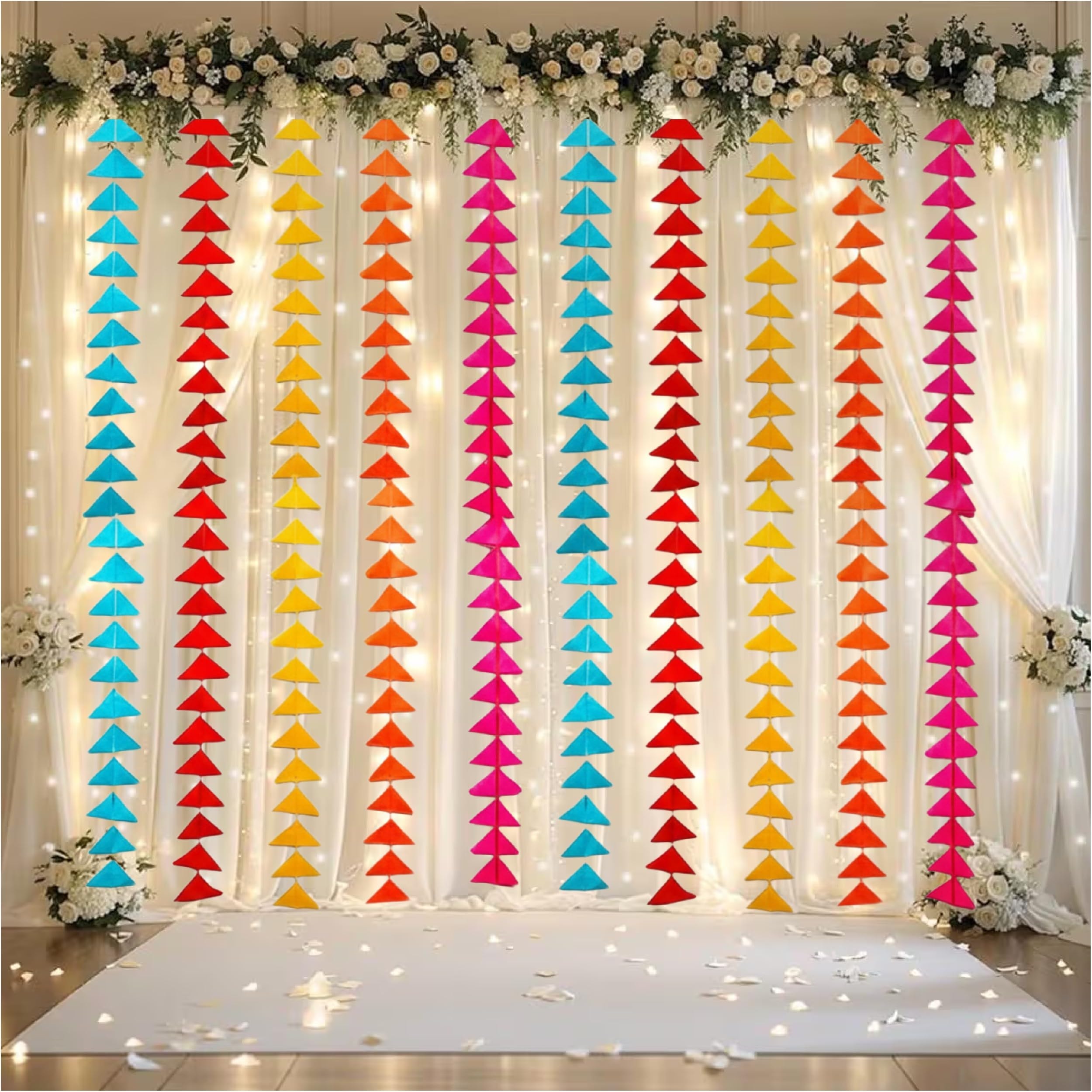 Balloonistics 13 Pcs White Net Backdrop Kit with Triangle Bunting – Elegant Backdrop Cloth for Holi, Wedding & Pooja Decoration – Complete Home Decor Set