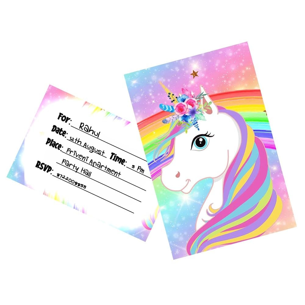 Balloonistics Rainbow Unicorn Birthday Invitation Cards with Envelopes – Kids Birthday Party Invites for Boys & Girls Unicorn Theme Party – Pack of 10