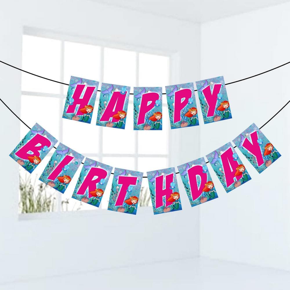 Balloonistics Mermaid Happy Birthday Banner Premium Cardstock Party Decorations Under the Sea Theme Backdrop for Girls, Multicolor Hanging Sign (Happy Birthday Banner)