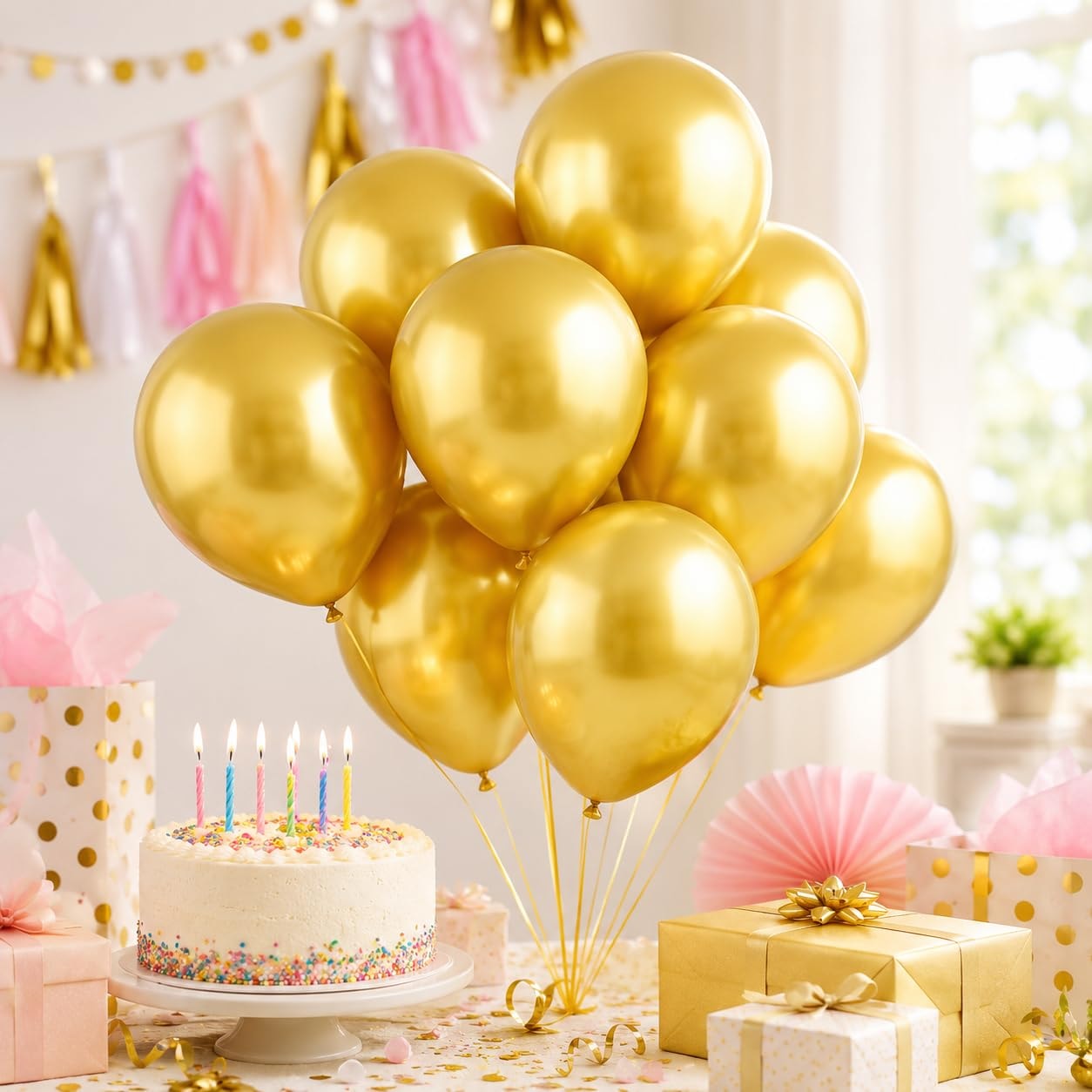 Balloonistics 10 Inch HD Metallic Shiny Balloons for Birthday Decoration, Decoration for Weddings, Engagement, Baby Shower, 1st Birthday, Anniversary, Birthday Party (Pack Of 50) (Gold)