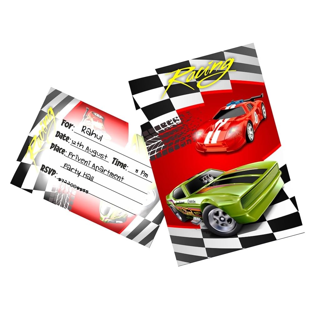 Balloonistics Sports Car Theme Birthday Invitations - Pack of 10 Premium Matte Fill-In Cards - Racing & Supercar Party Invites with Matching Envelopes - Double-Sided Cardstock Fast One & Two Fast Stationery (Invite Cards - Pack of 10)