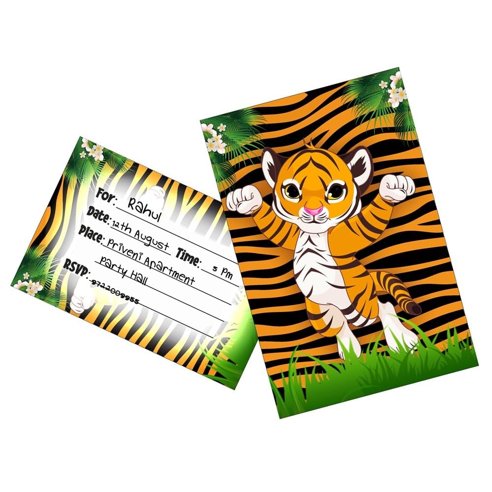 Balloonistics Tiger Theme Birthday Invitations - Pack of 10 Premium Matte Fill-In Cards - Jungle Safari & Wild One Party Invites with Matching Envelopes - Double-Sided Cardstock Tiger Face Stationery (Invite Cards - Pack of 10)
