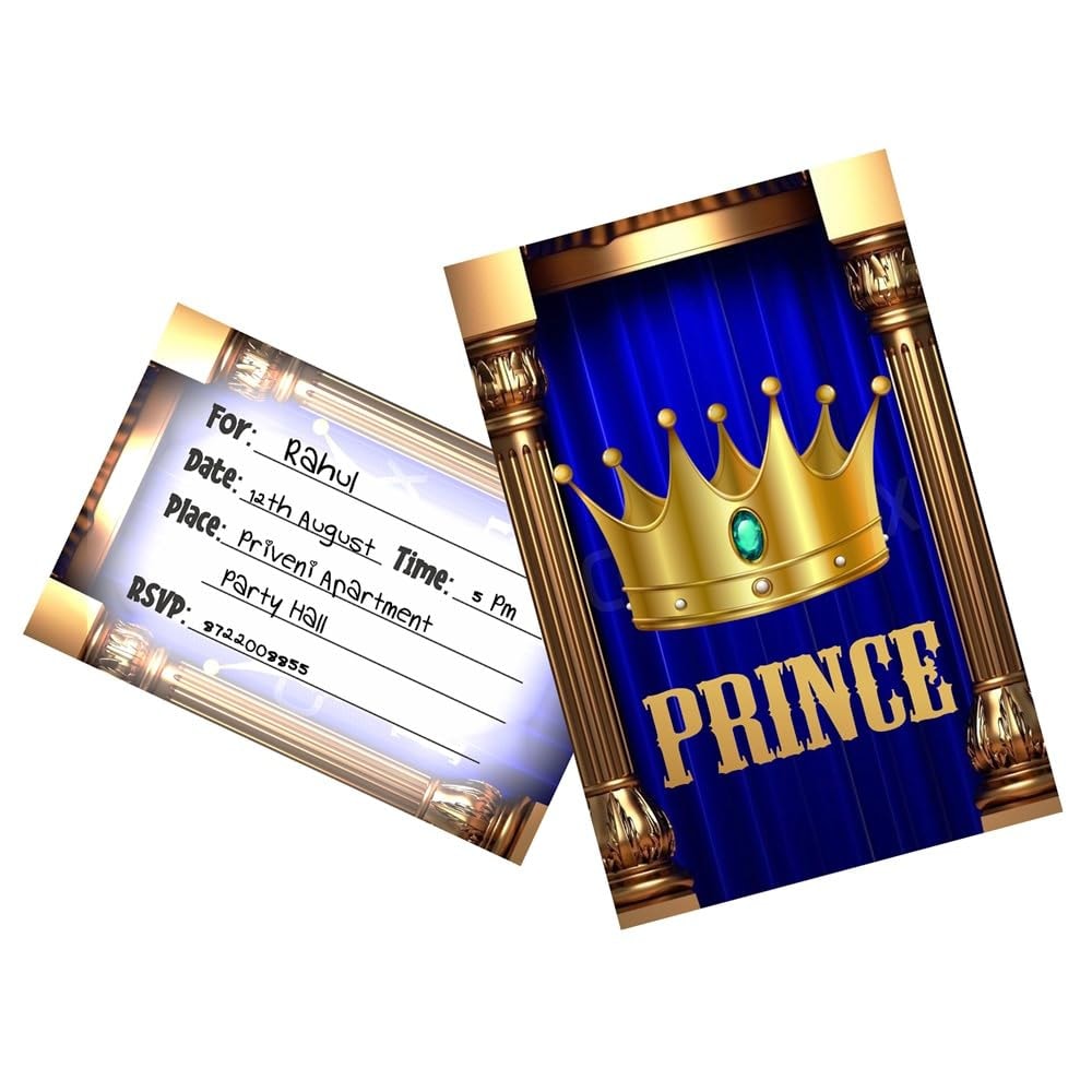 Balloonistics Prince Theme Birthday Invitation Cards Party Invites Premium Cardstock Invitations for Boys, Kids Birthday Party Supplies (Invite Cards - Pack of 10)