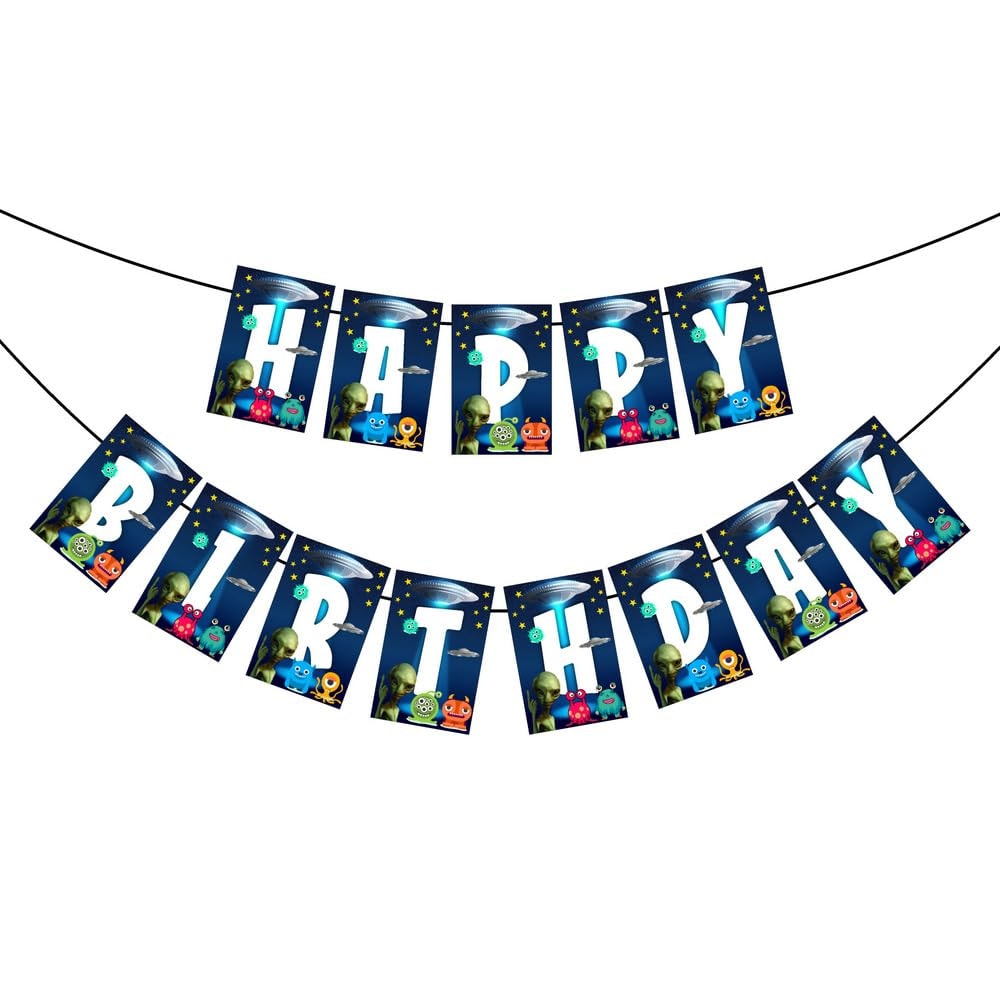 Aliens Theme Happy Birthday Banner - Out of This World Galaxy & Outer Space Cardstock Bunting - Extraterrestrial, UFO & Martian Party Decorations, "We Come in Peace" Backdrop (Happy Birthday Banner)