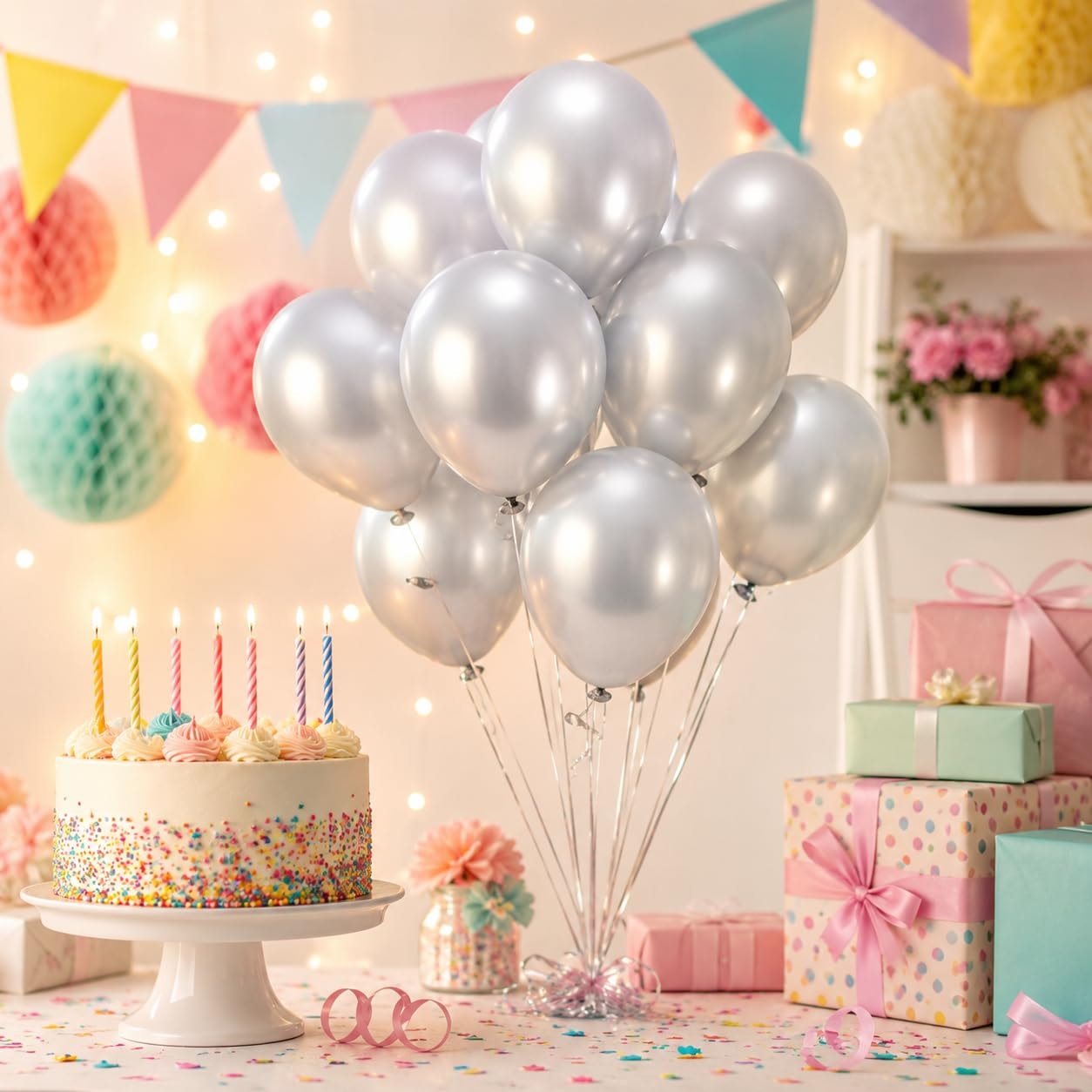 Balloonistics 10 Inch HD Metallic Shiny Balloons for Decoration, Decoration for Weddings, Engagement, Baby Shower, 1st Birthday, Anniversary, Birthday Party (Pack Of 50) (Silver)