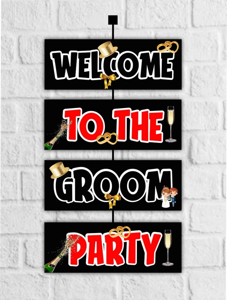 Balloonistics Groom’s Crew Outdoor Welcome Board - 2.3 Ft Large Bachelor Party Entryway Sign - Premium Cardstock "The Party Is Here" Decoration with Ribbons, Dapper Groom Squad & Wedding Backdrop (Welcome Outdoor Board)