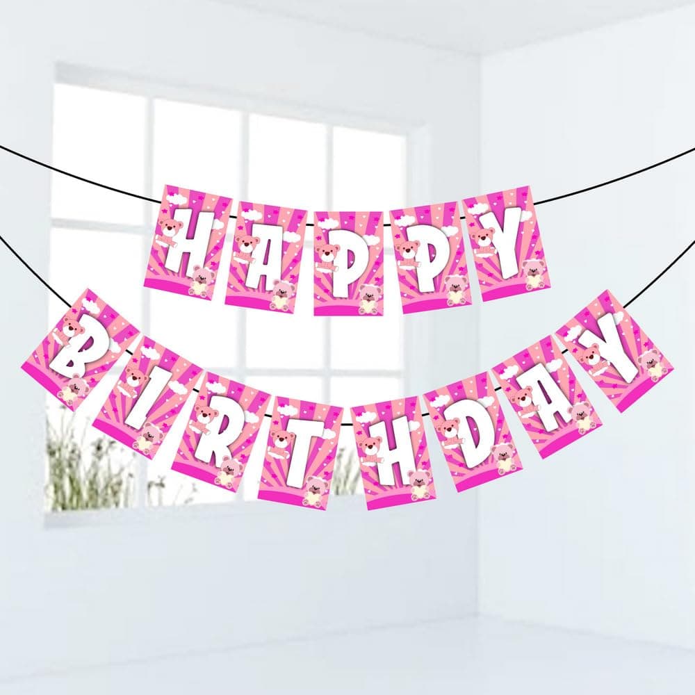 Balloonistics Pink Teddy Bear Happy Birthday Banner - Premium Cardstock Girl’s Birthday Party Bunting - Sweet Bear Theme Nursery Decor, "We Can Bearly Wait" 1st Birthday Backdrop, Floral Pink Bunting with Ribbons (Happy Birthday Banner)