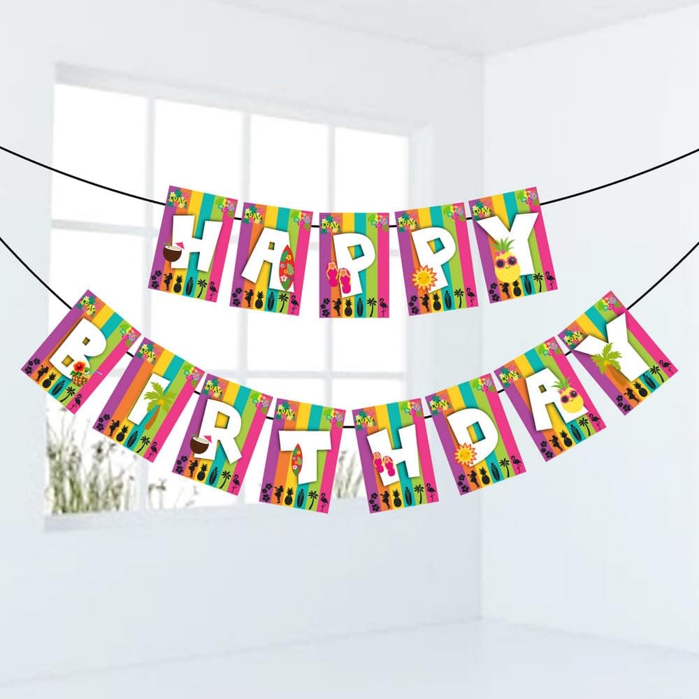Balloonistics Hawaii Luau Happy Birthday Banner - Tropical Hibiscus & Palm Leaf Bunting for Island Theme Party Decorations - Premium Cardstock Aloha Backdrop with Adjustable Ribbon (Happy Birthday Banner)