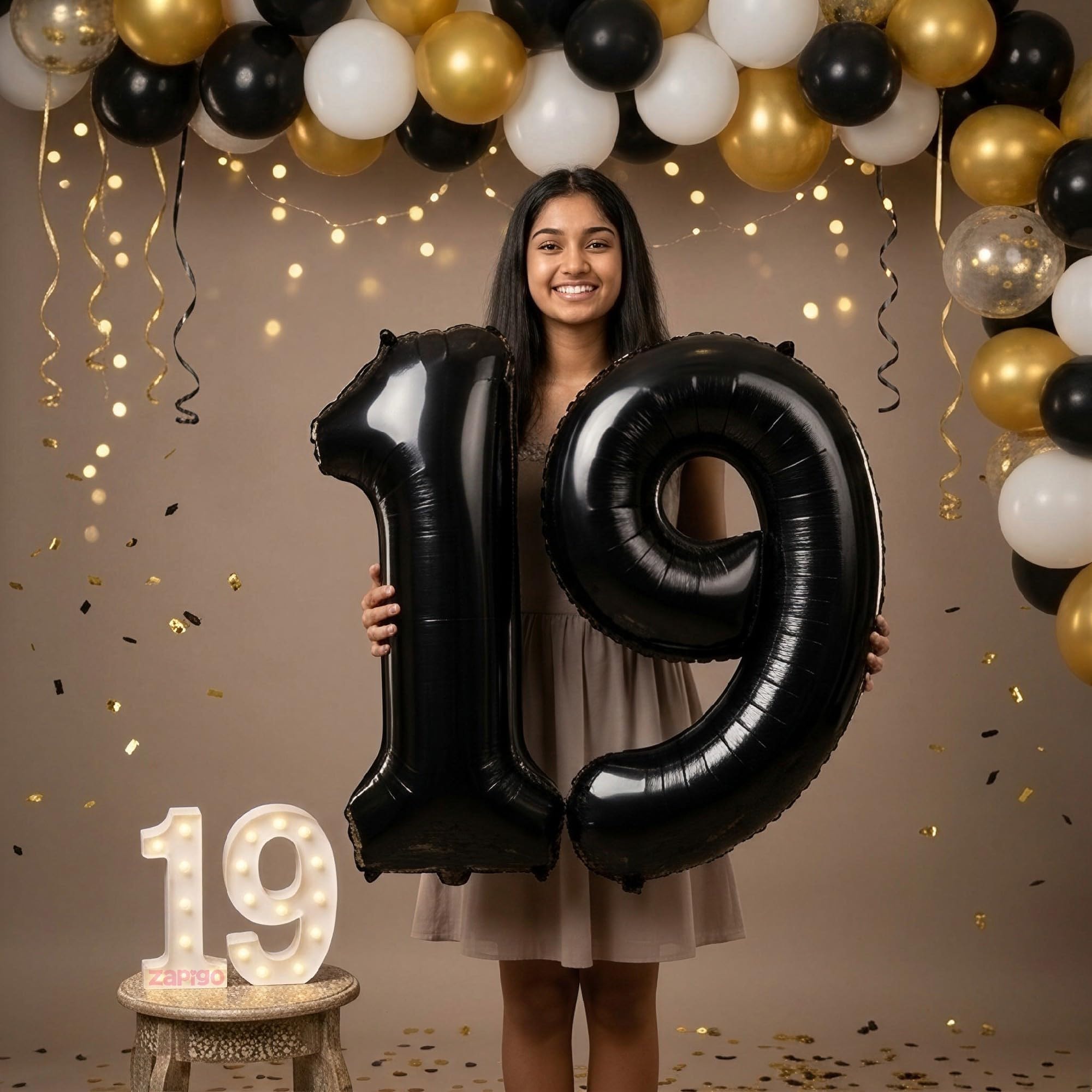 Balloonistics Black 40-Inch Foil Number 19 Balloon with Matching LED Marquee Light - Combo Set for 19th Birthday, Anniversary, Party Decoration, Photo Booth Backdrop
