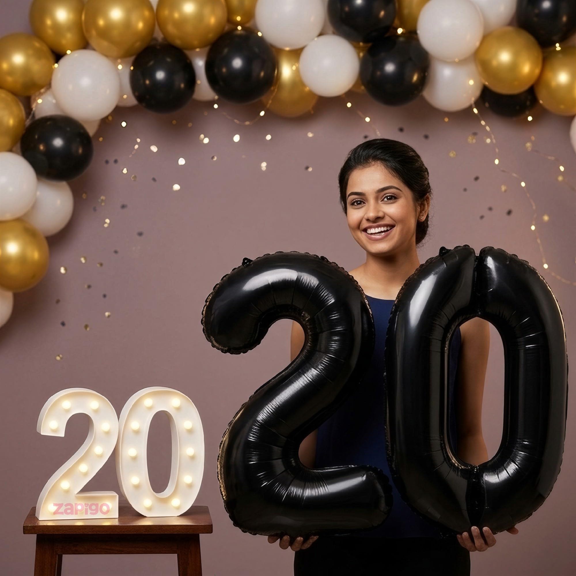 Balloonistics Black 40-Inch Foil Number 20 Balloon with Matching LED Marquee Light - Combo Set for 20th Birthday, Anniversary, Party Decoration, Photo Booth Backdrop, Cake Table Decor